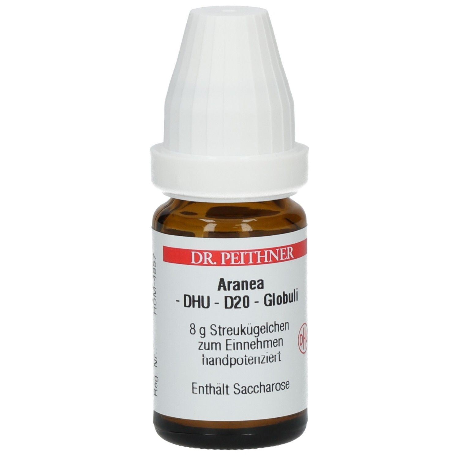 Braune Glasflasche mit weißem Deckel. Etikett mit Produktnamen, DHU-Logo und Inhaltsangabe.