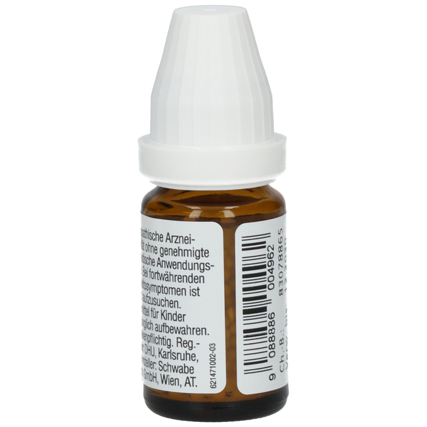 Braune Glasflasche mit weißem Deckel. Etikett mit Text über homöopathische Arzneimittel und Warnhinweisen.