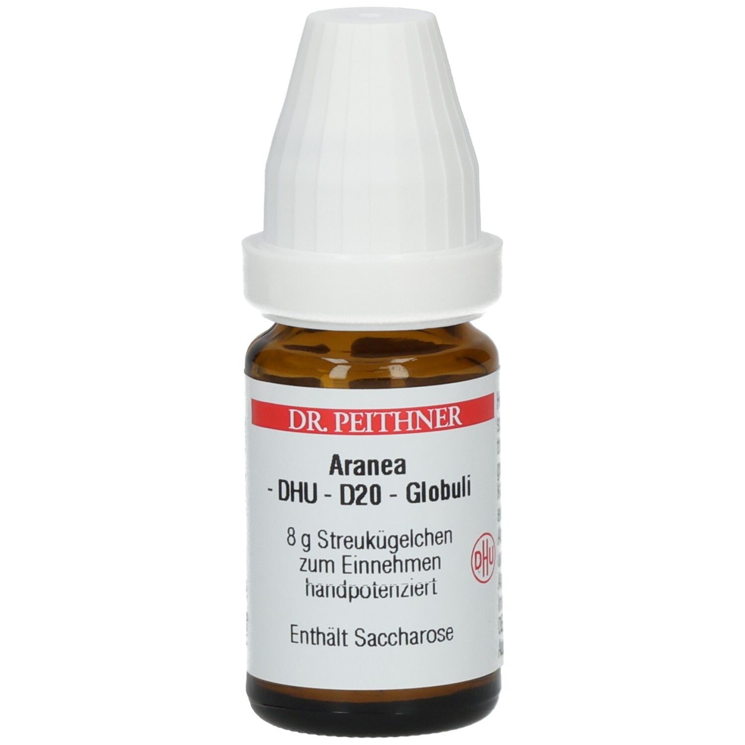 Braune Glasflasche mit weißem Deckel. Etikett mit Produktnamen, DHU-Logo und Inhaltsangabe.