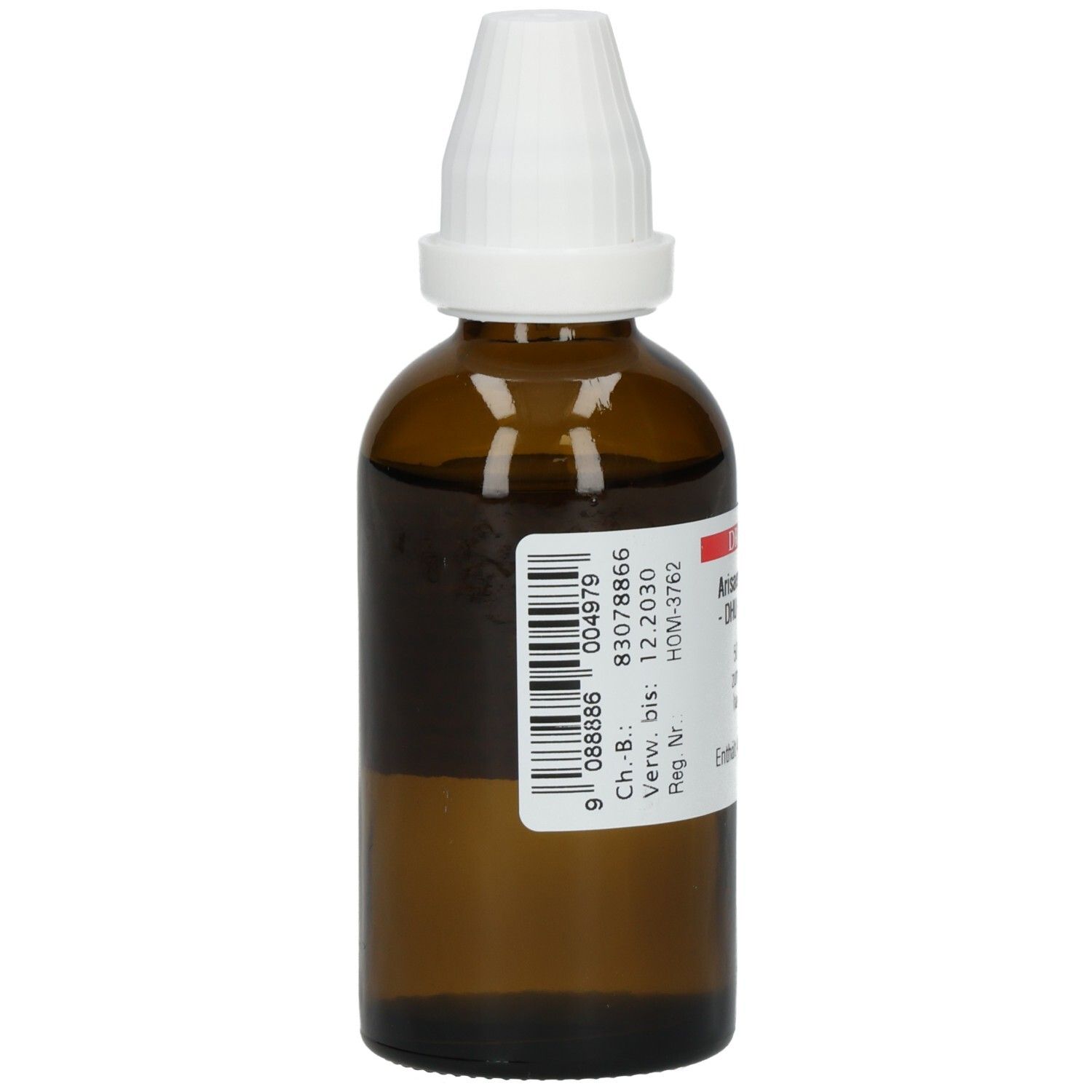 Braune Glasflasche mit weißem Verschluss. Etikett mit Barcode und weiteren Informationen. Rückansicht.