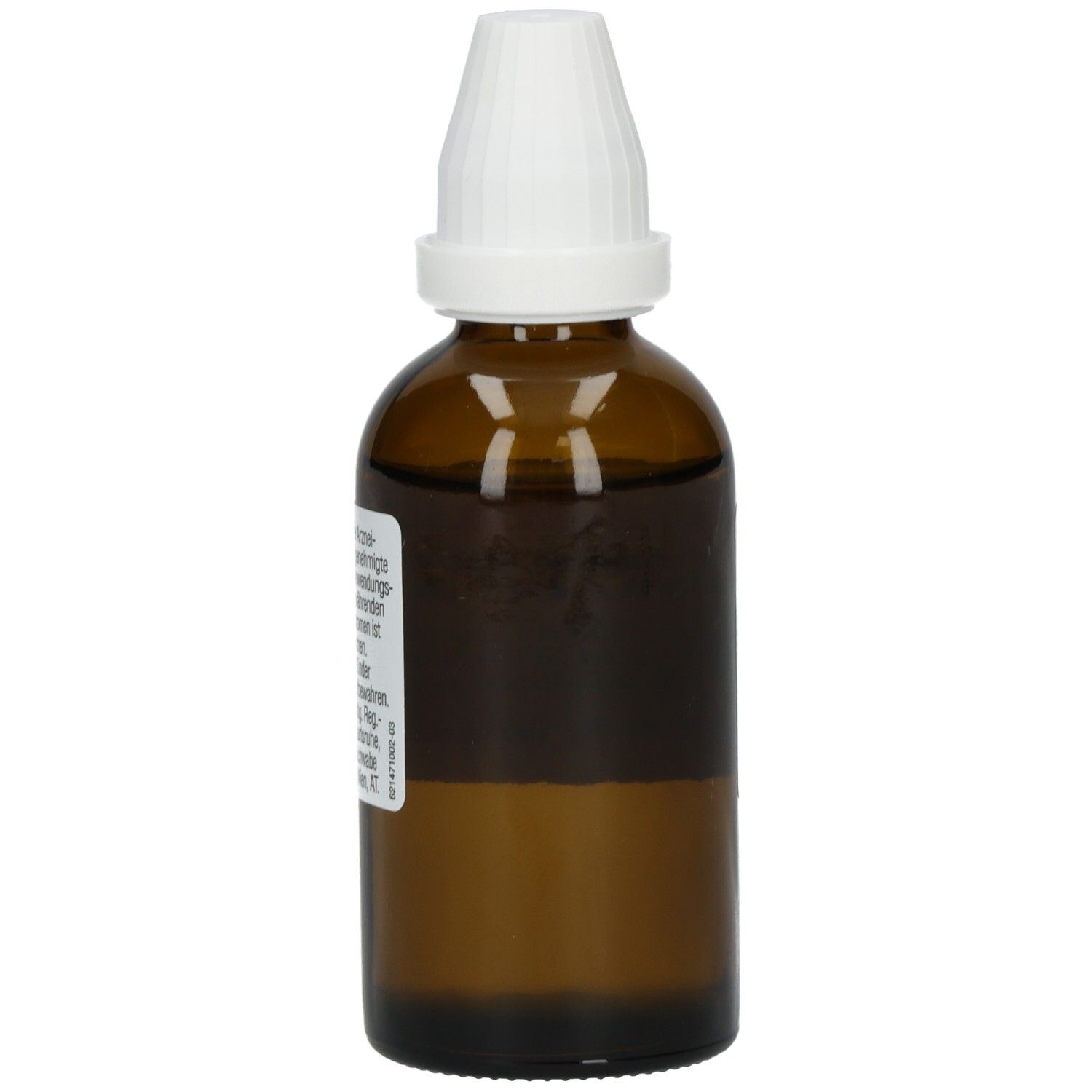 Braune Glasflasche mit weißem Verschluss. Teilweise gefüllt mit klarer Flüssigkeit. Rückansicht.