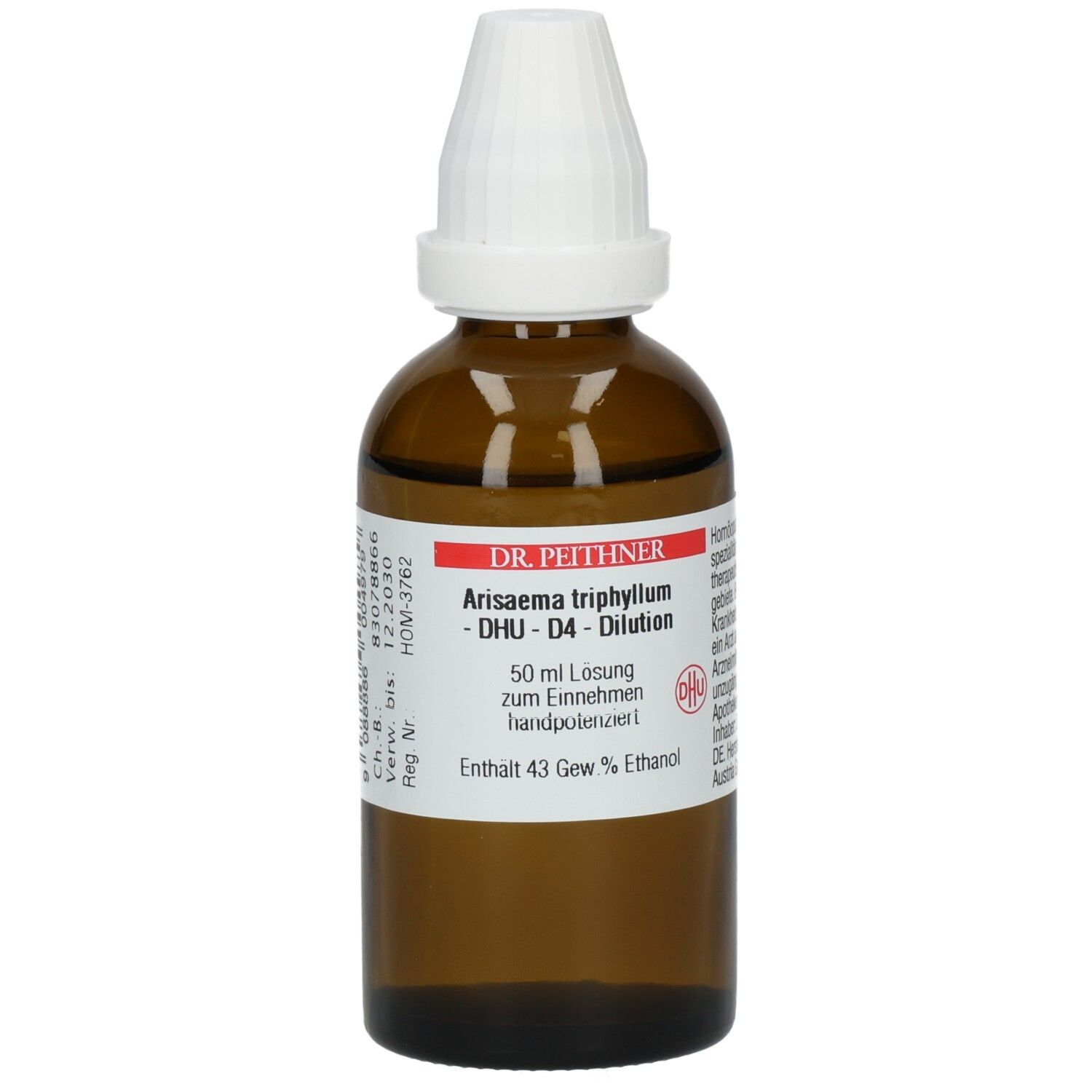 Braune Glasflasche mit weißem Verschluss. Beschriftung: Arisaema triphyllum D4 DHU, 50 ml Lösung, Dr. Peithner.
