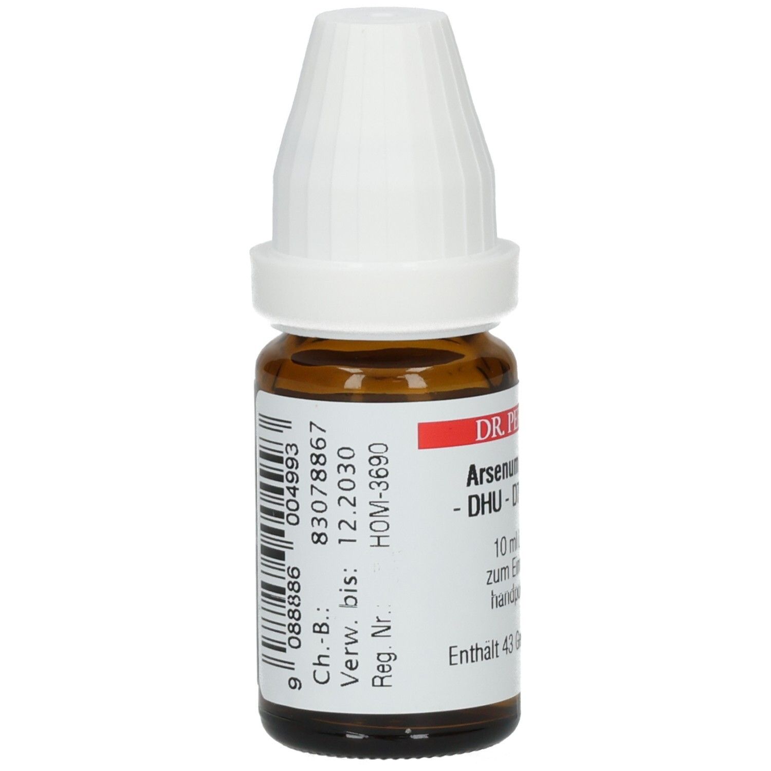 Braune Glasflasche mit weißem Verschluss. Aufkleber mit Barcode und Chargennummer. Beschriftung: Arsenum jodatum D7 DHU Dilution.