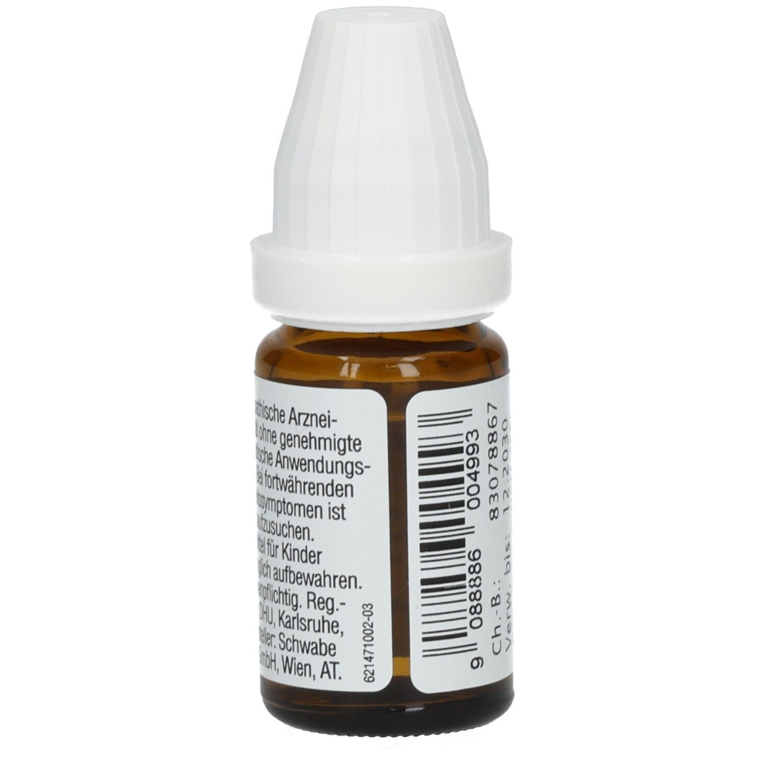 Braune Glasflasche mit weißem Verschluss. Aufkleber mit Text. Homöopathisches Arzneimittel. Für Kinder unzugänglich aufbewahren.