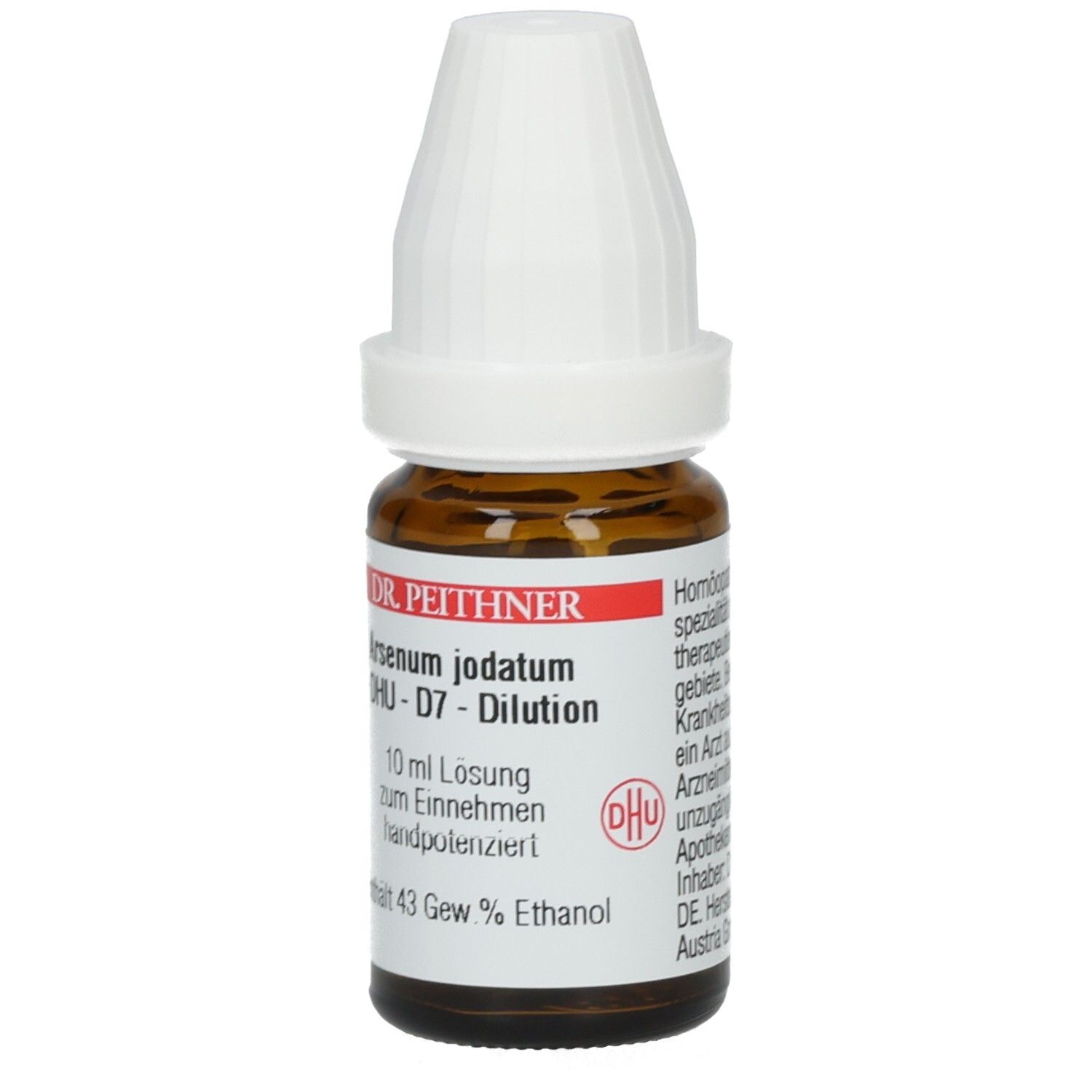 Braune Glasflasche mit weißem Verschluss. Beschriftung: Homöopathisches Arzneimittel. Apothekenpflichtig. Hersteller: DHU.