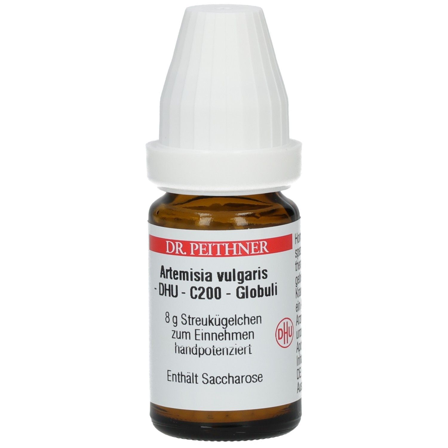 Braune Glasflasche mit weißem Deckel. Etikett mit Produktinformationen: Artemisia vulgaris C200 Globuli, 8 g Streukügelchen.