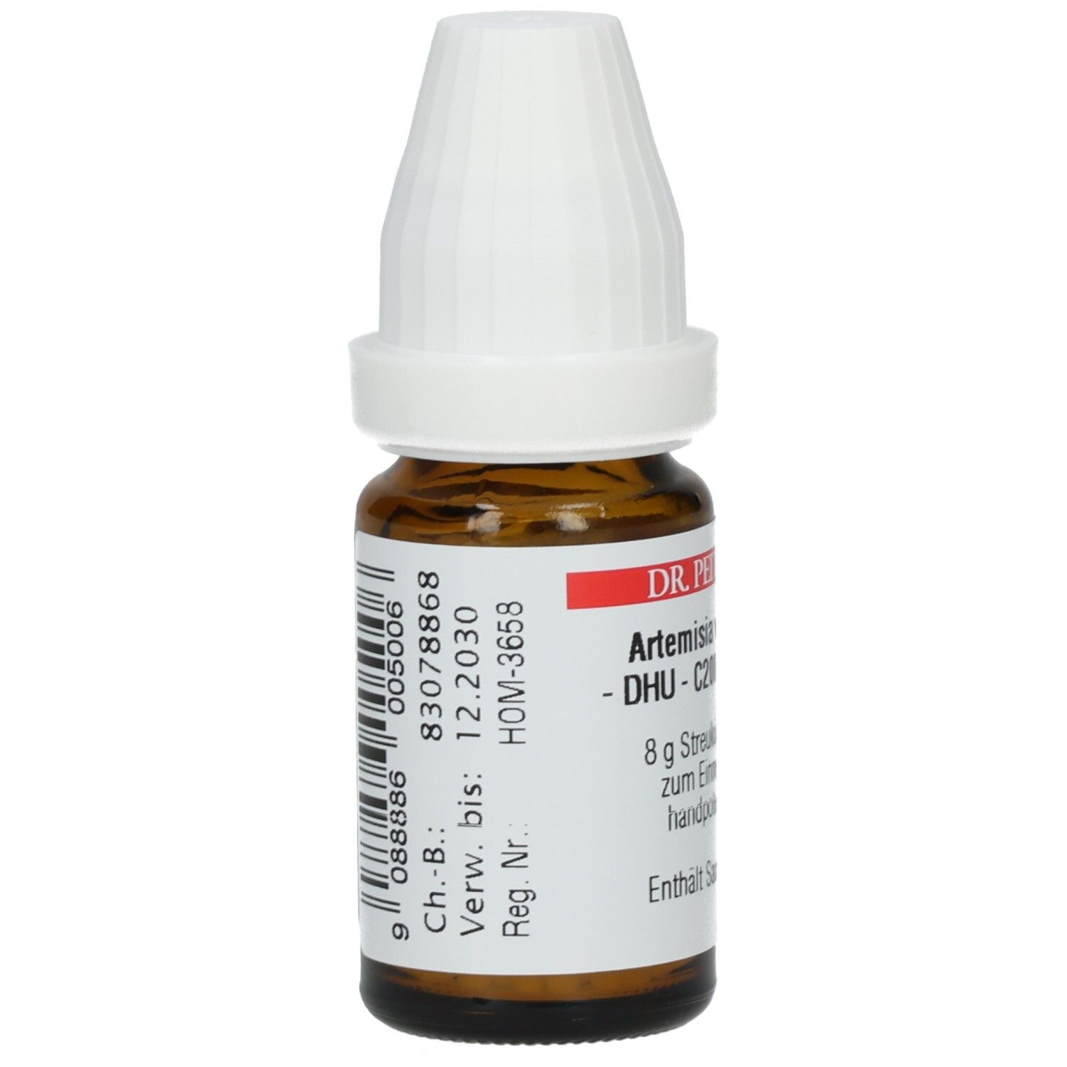 Braune Glasflasche mit weißem Deckel. Etikett mit Barcode und Chargennummer. Produktinformationen: Artemisia vulgaris C200 Globuli.