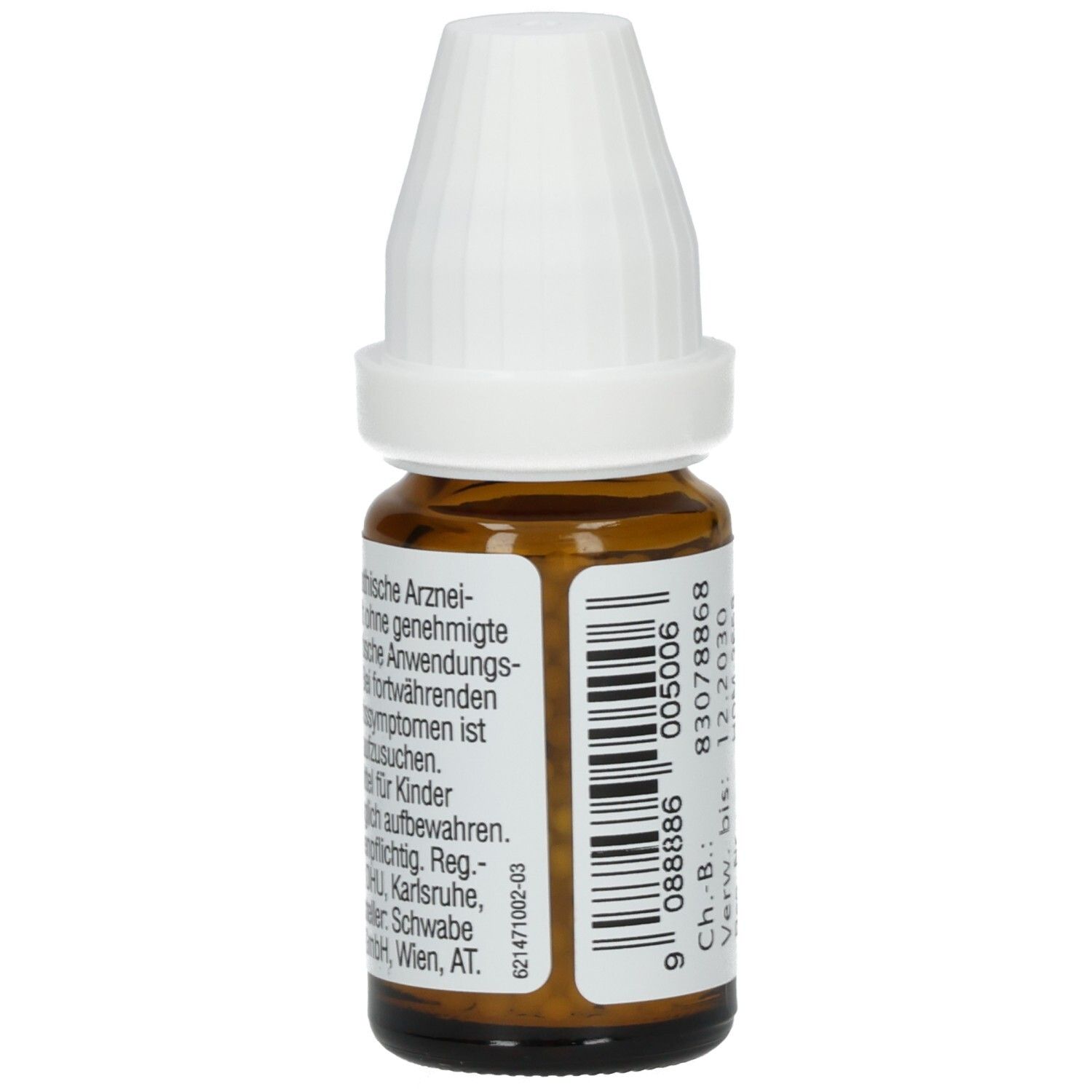 Braune Glasflasche mit weißem Deckel. Etikett mit Text. Barcode und Chargennummer. Homöopathisches Arzneimittel.