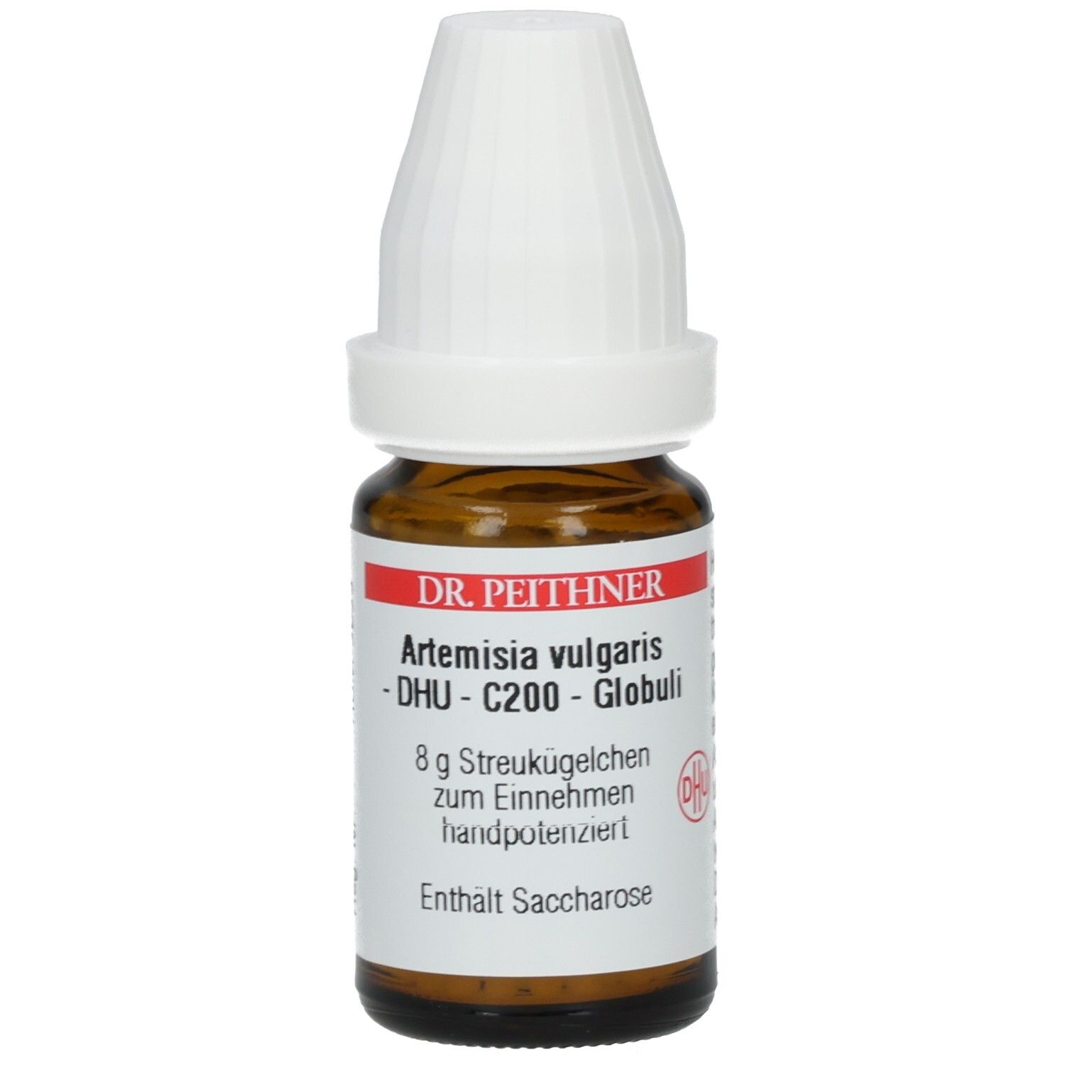 Braune Glasflasche mit weißem Deckel. Etikett mit Produktinformationen: Artemisia vulgaris C200 Globuli, 8 g Streukügelchen.