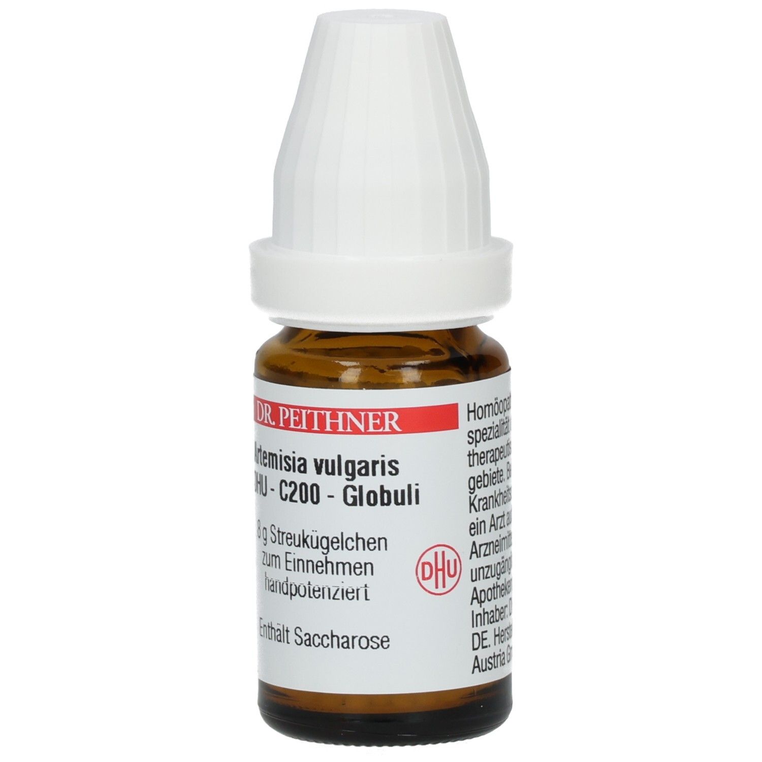 Braune Glasflasche mit weißem Deckel. Etikett mit Produktinformationen: Artemisia vulgaris C200 Globuli, 8 g Streukügelchen.
