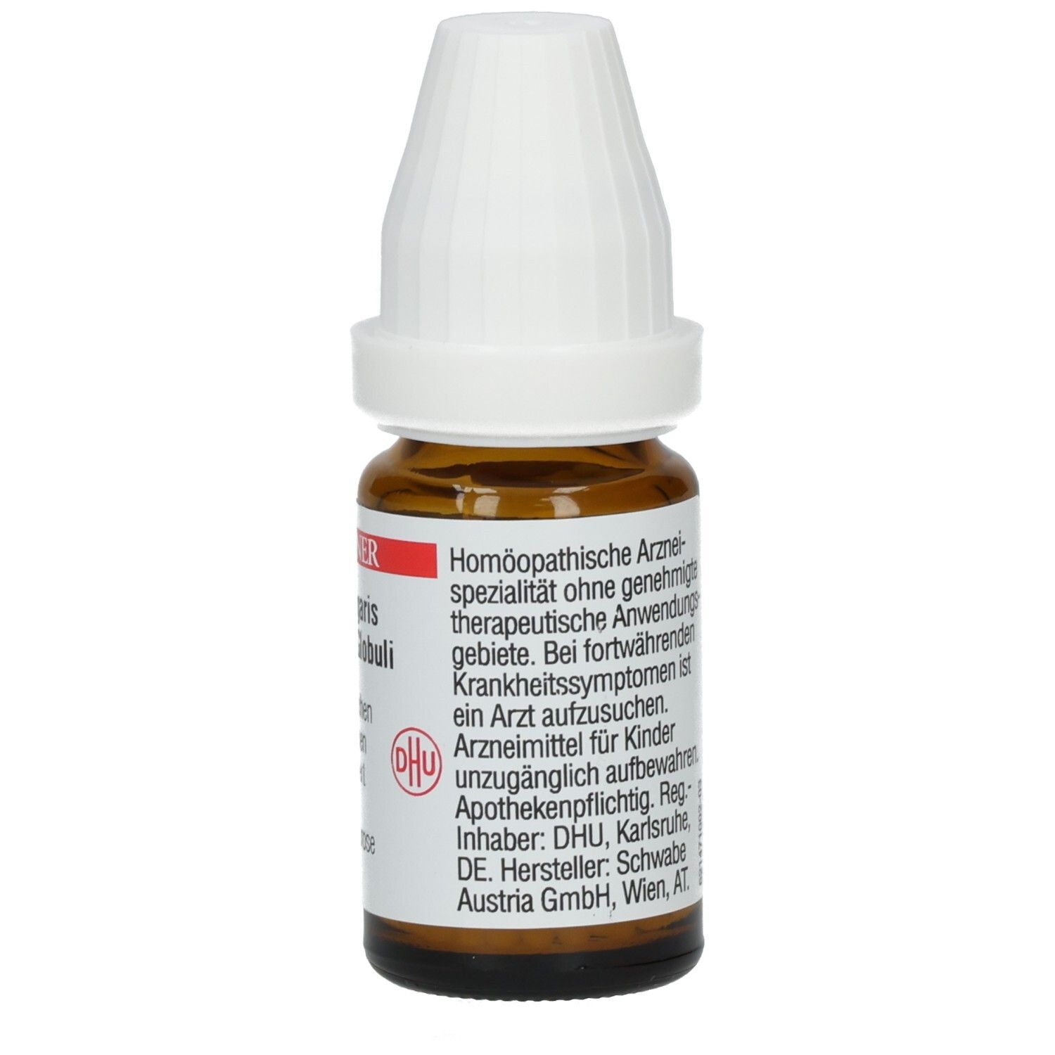 Braune Glasflasche mit weißem Deckel. Etikett mit Text. Homöopathisches Arzneimittel. Dhu Logo.