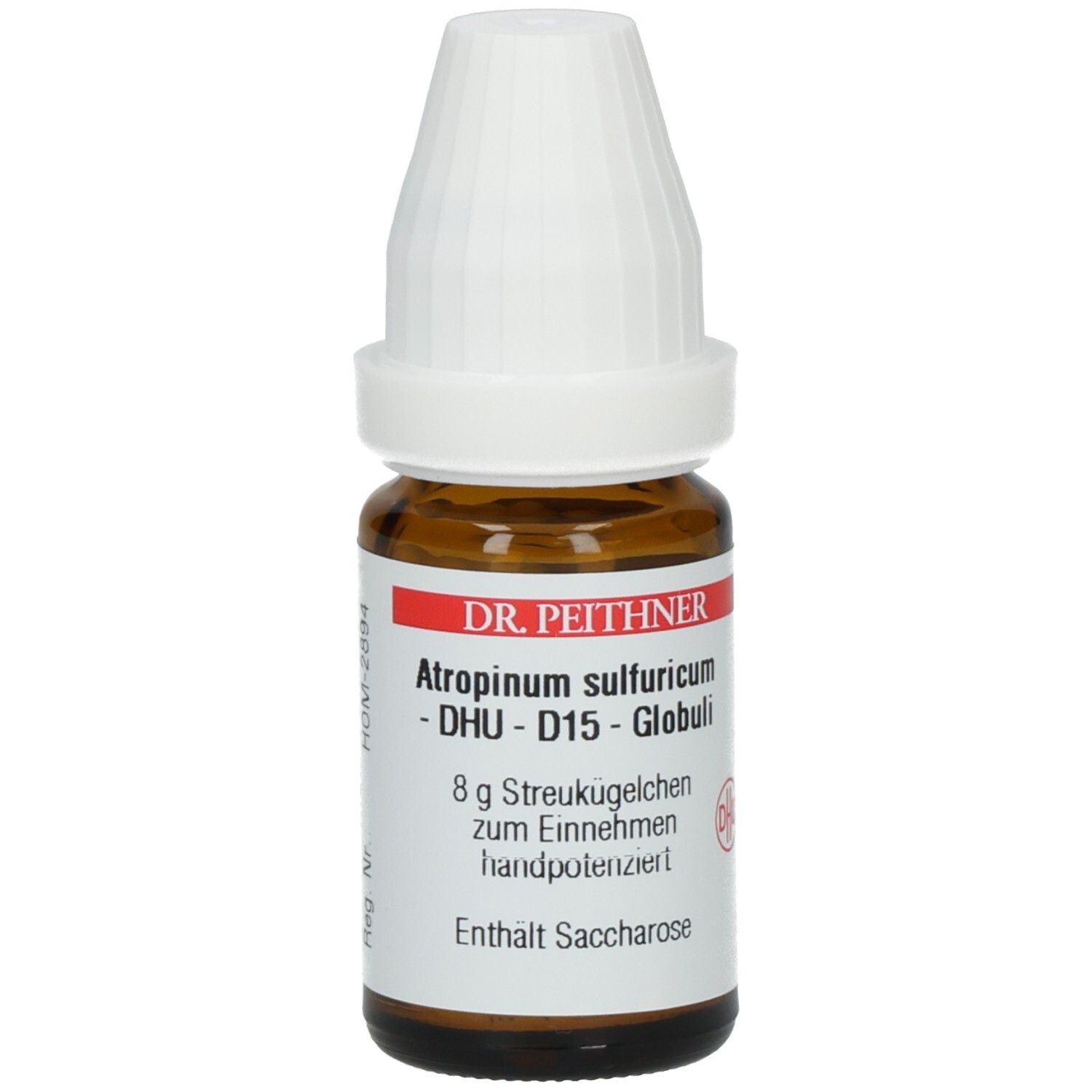 Braune Glasflasche mit weißem Schraubverschluss. Etikett mit Produktinformationen: Atropinum sulfuricum - D15 - Globuli.