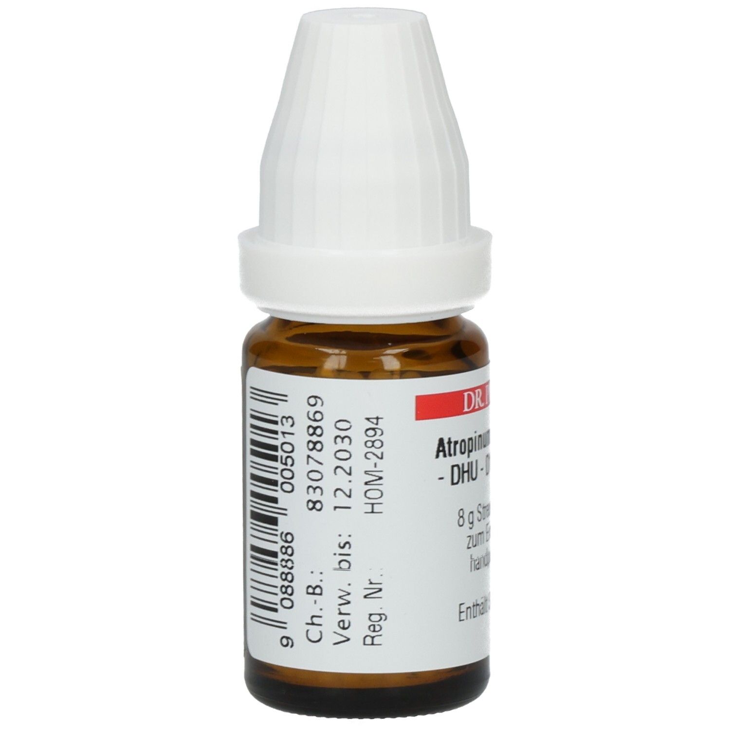 Braune Glasflasche mit weißem Schraubverschluss. Etikett mit Barcode und Chargennummer. Produktname: Atropinum sulfuricum - D15 - Globuli.