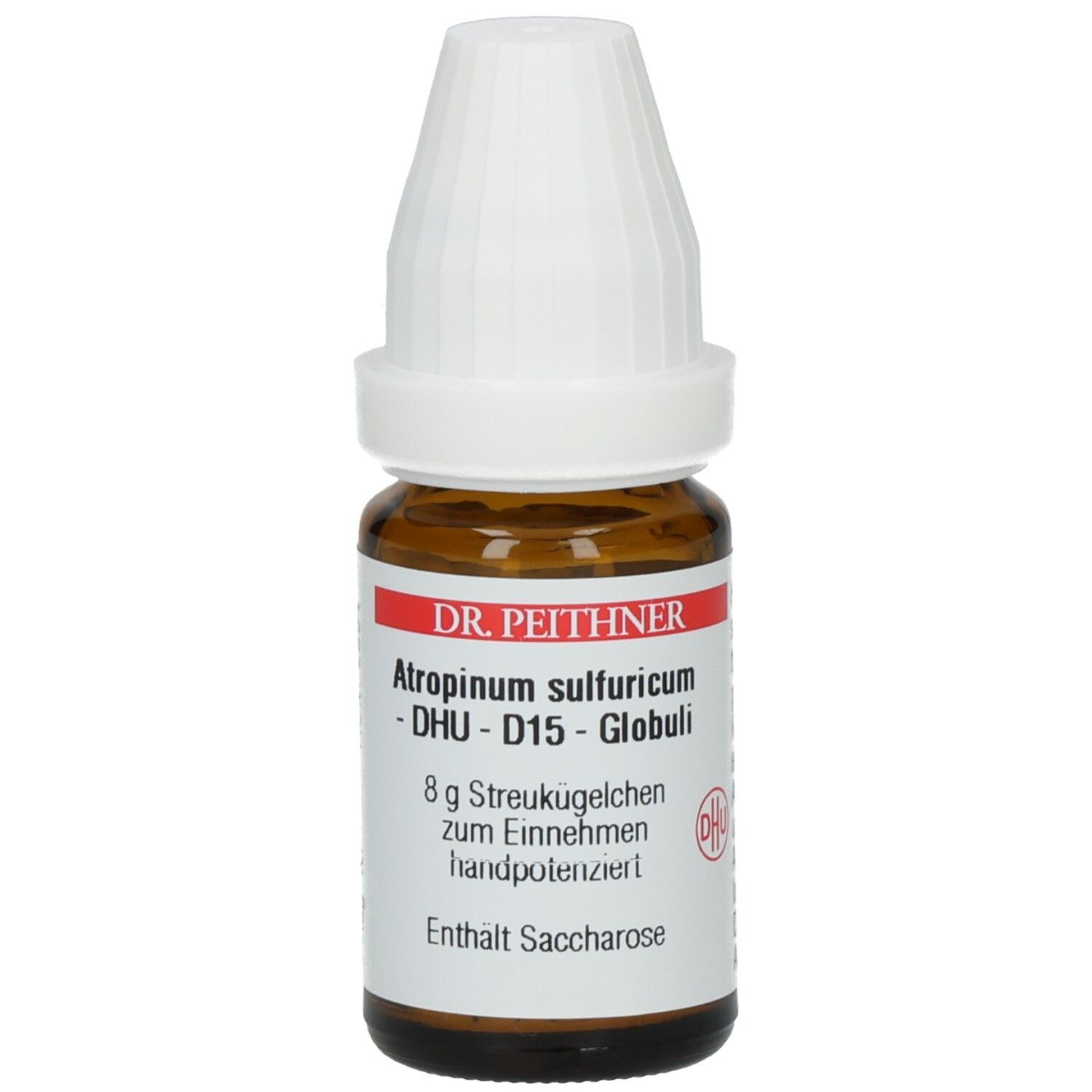 Braune Glasflasche mit weißem Schraubverschluss. Etikett mit Produktinformationen: Atropinum sulfuricum - D15 - Globuli. DHU-Logo.
