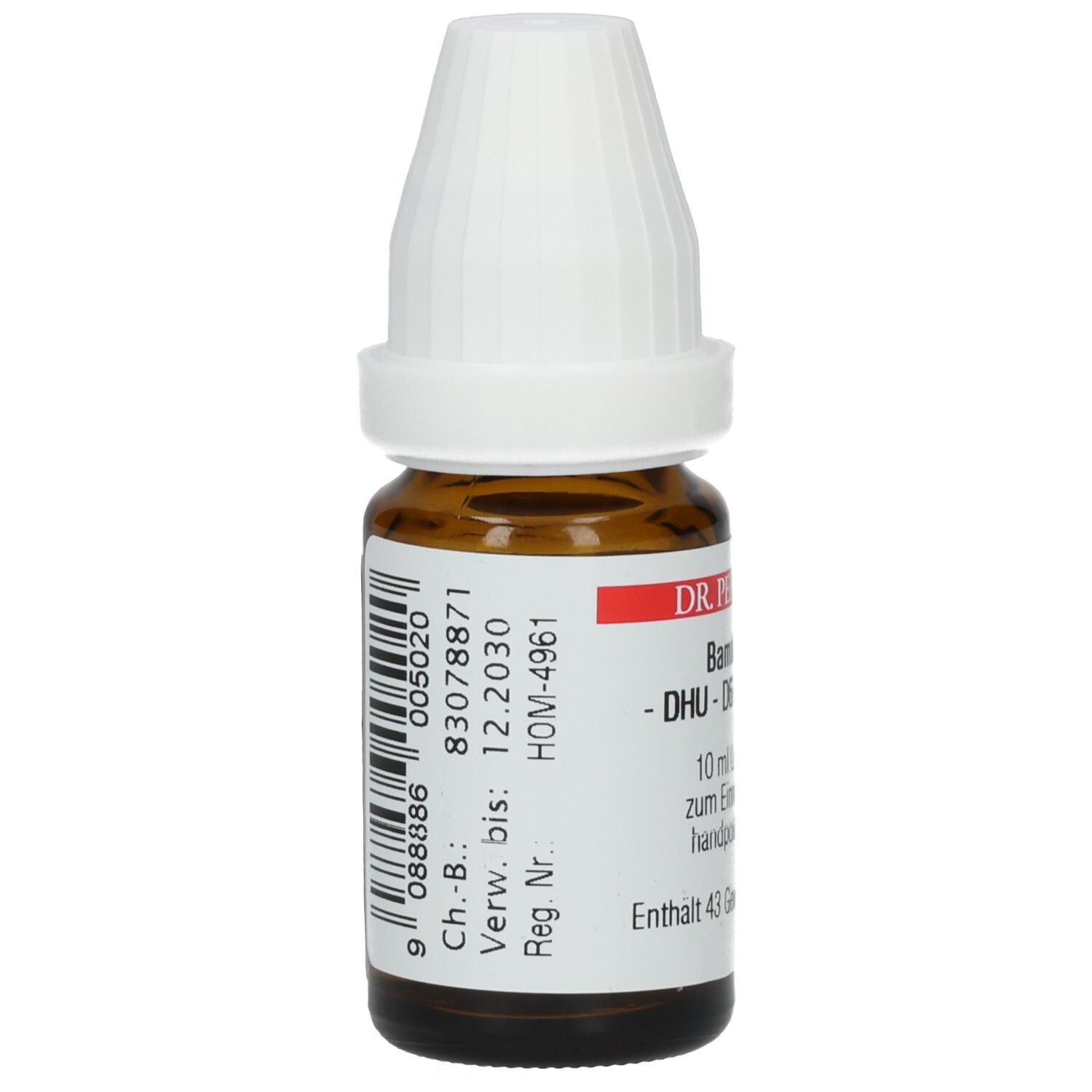 Braune Glasflasche mit weißem Verschluss. Etikett mit Barcode und Informationen. DR. PEITHNER, Bambusa - DHU - D6 - Dilution.