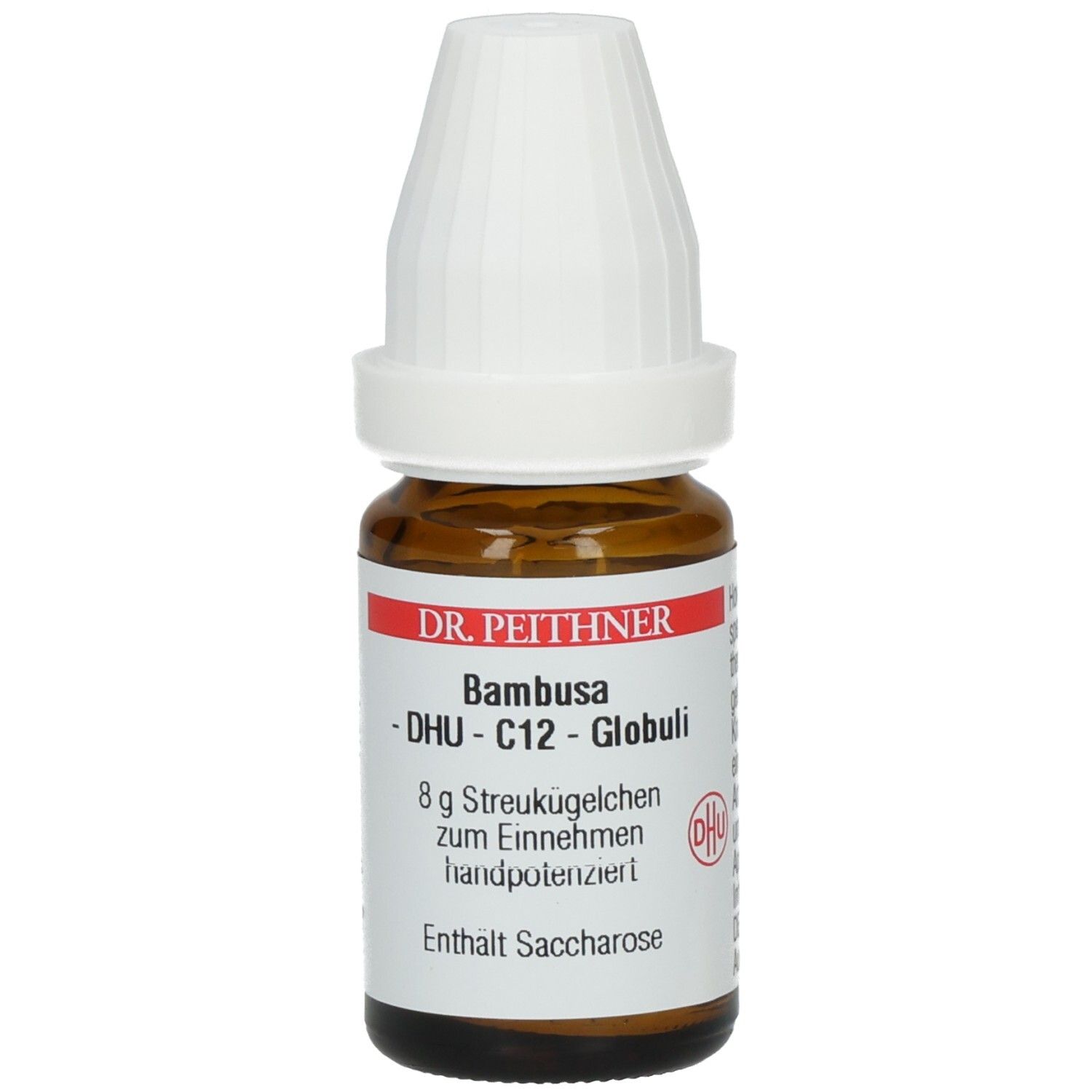 Braune Glasflasche mit weißem Deckel. Etikett mit Produktnamen, DHU-Logo und Inhaltsangabe.