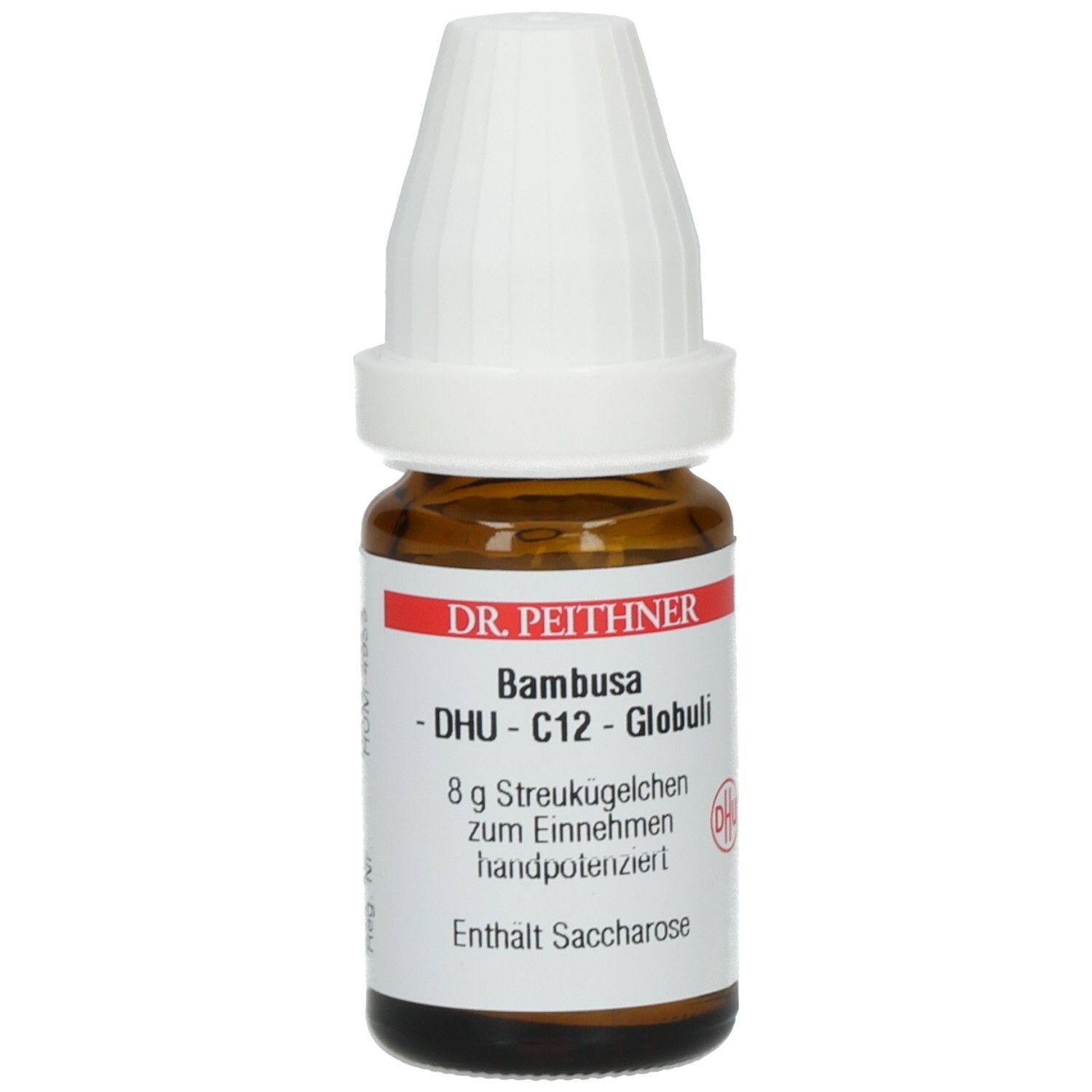 Braune Glasflasche mit weißem Deckel. Etikett mit Produktnamen, DHU-Logo und Inhaltsangabe.