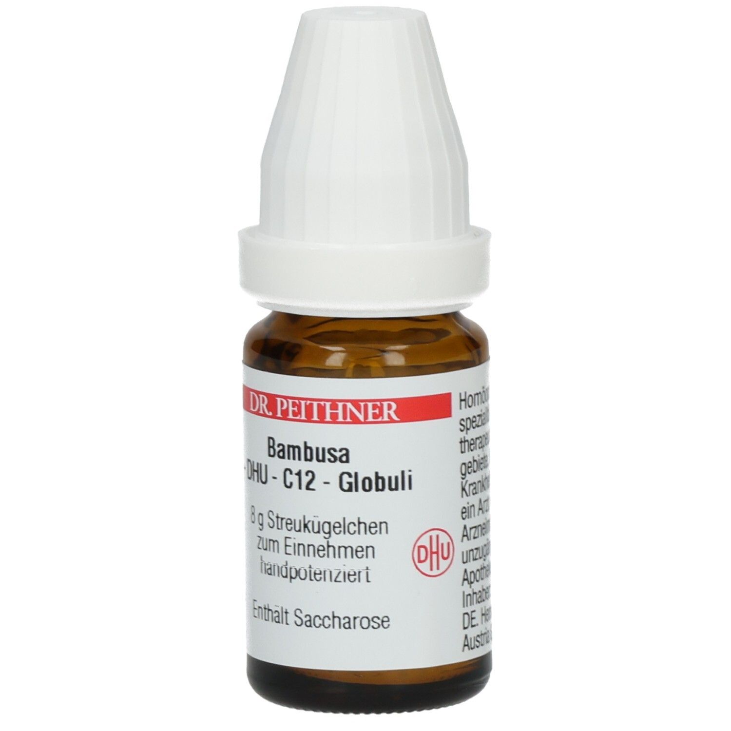 Braune Glasflasche mit weißem Deckel. Etikett mit Produktnamen, DHU-Logo und Inhaltsangabe.