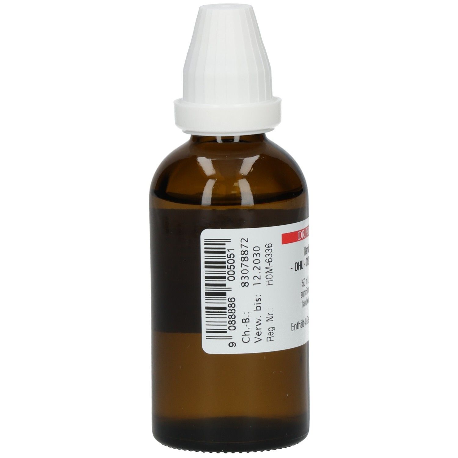 Braune Glasflasche mit weißem Verschluss. Etikett mit Barcode, Chargennummer, Verfallsdatum und weiteren Informationen. DHU-Produkt.