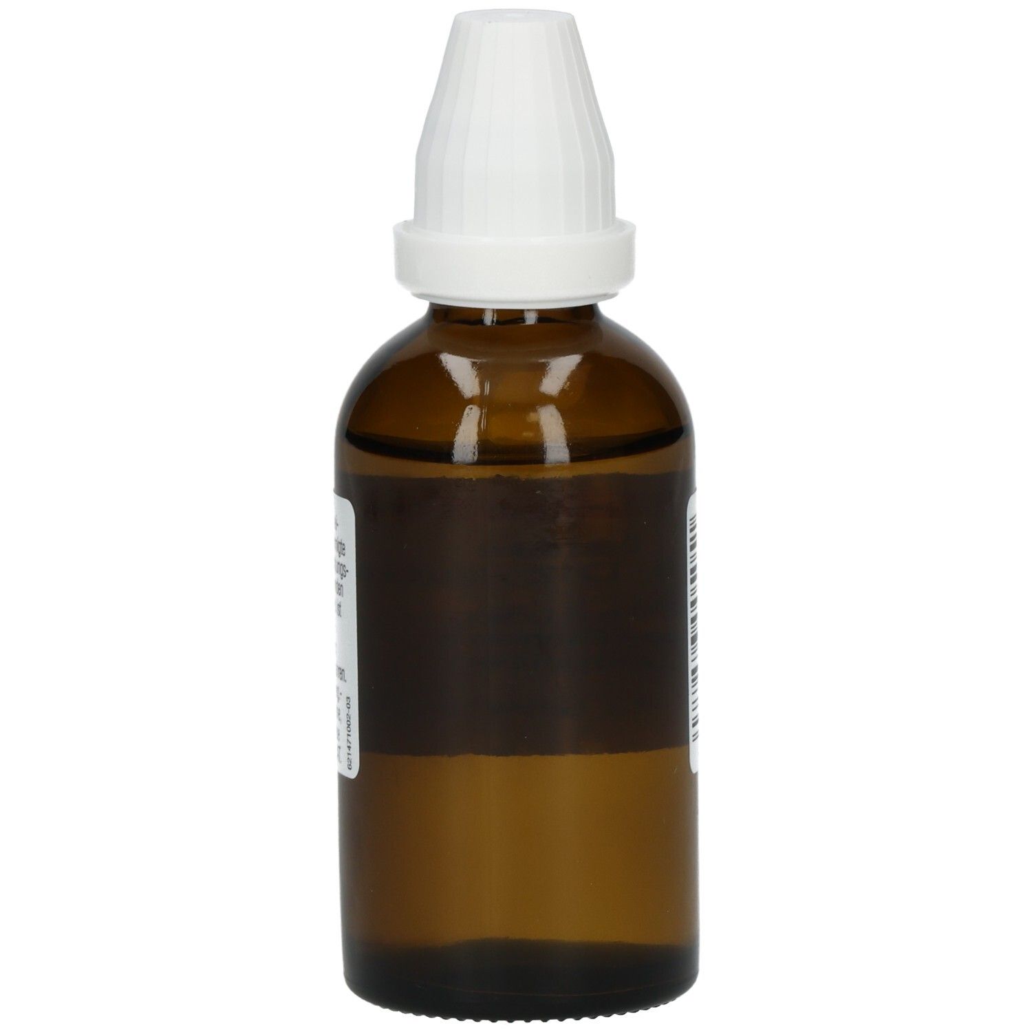 Braune Glasflasche mit weißem Verschluss. Etikett mit Produktinformationen. Homöopathisches Arzneimittel.