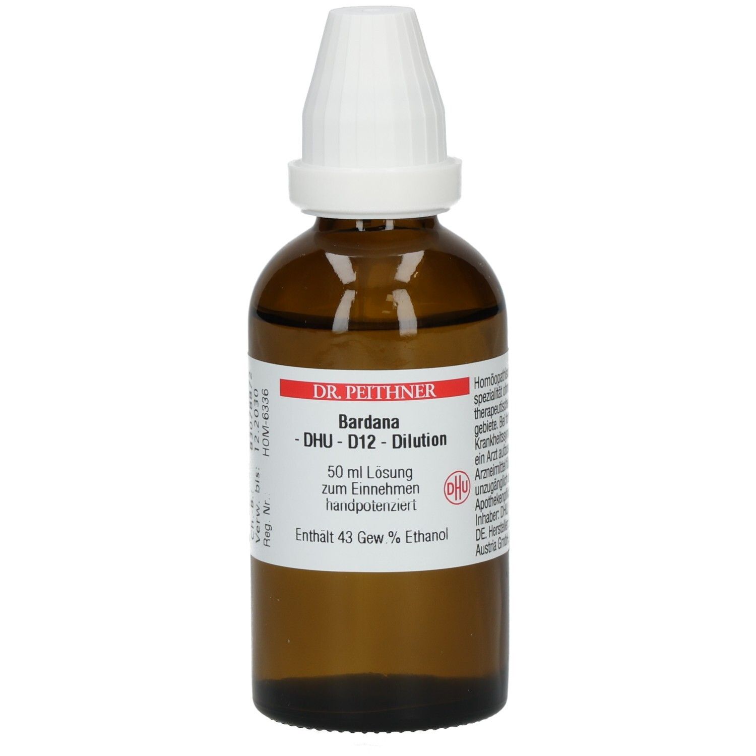 Braune Glasflasche mit weißem Verschluss. Etikett mit Produktnamen, DHU-D12-Dilution, und weiteren Informationen. Enthält 43 Gew.% Ethanol.