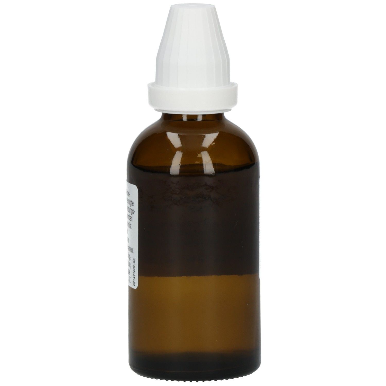Braune Glasflasche mit weißem Verschluss. Tropfflasche, teilweise gefüllt. Keine weiteren Details sichtbar.