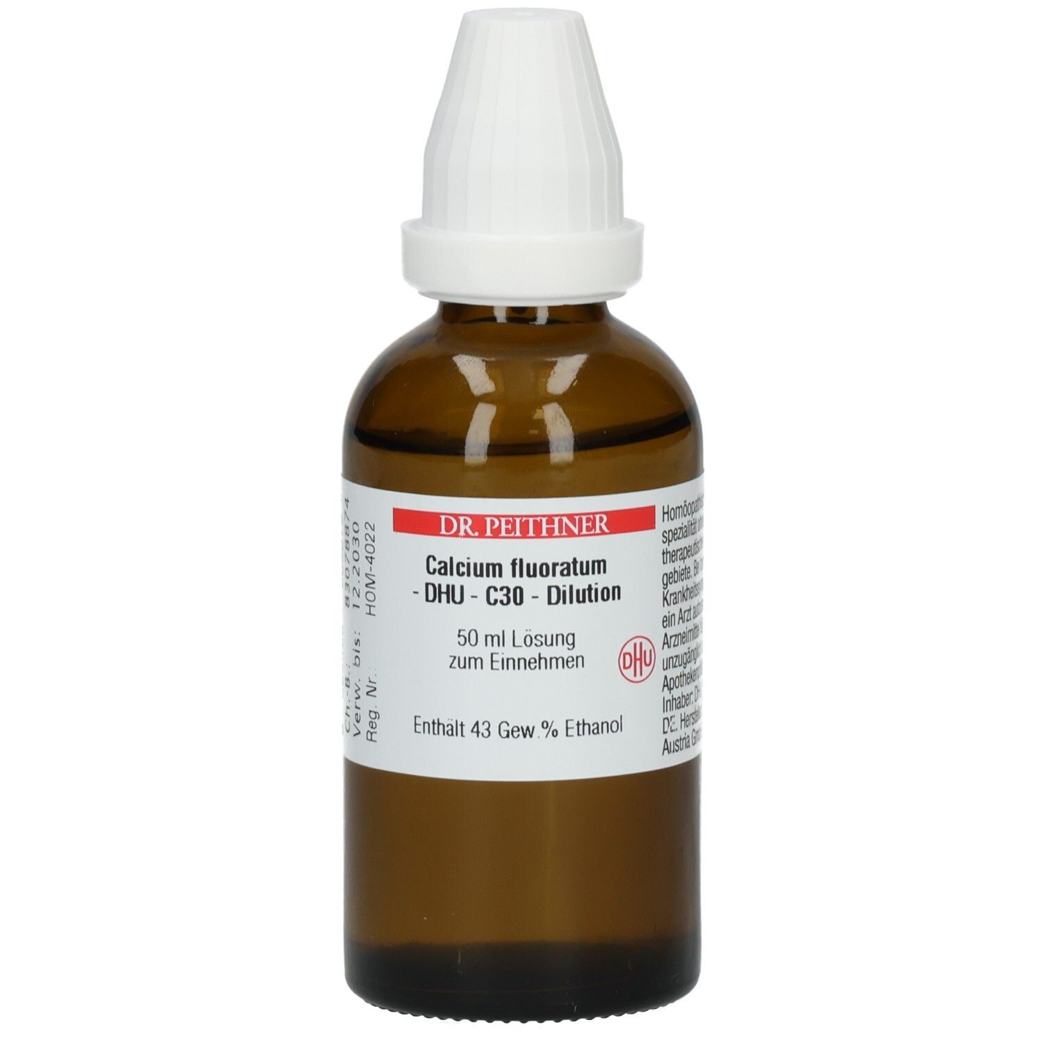 Braune Glasflasche mit weißem Verschluss. Aufschrift: Calcium fluoratum - DHU - C30 - Dilution. 50 ml Lösung.