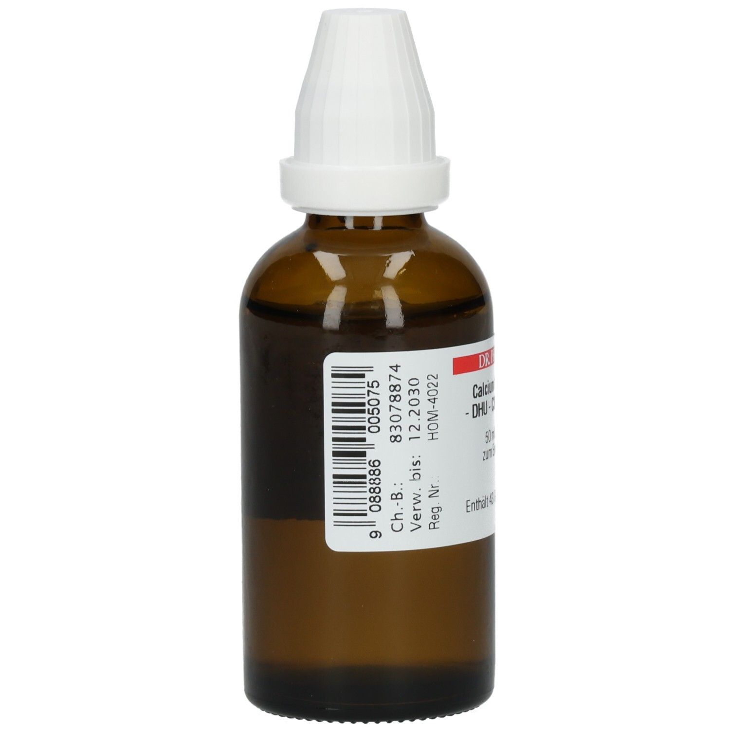 Rückansicht einer braunen Glasflasche mit weißem Verschluss. Barcode und Etikett mit Informationen.