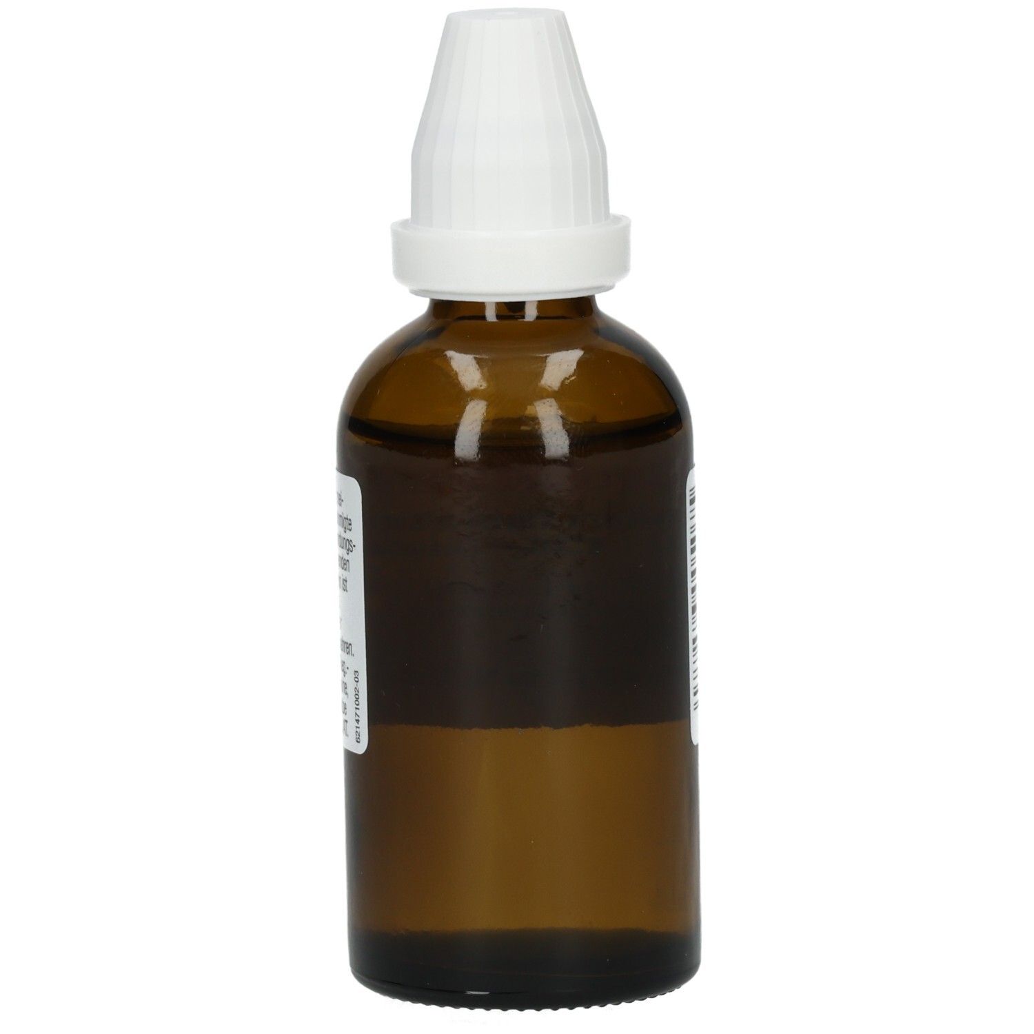 Braune Glasflasche mit weißem Verschluss. Etikett mit Text. Der Hintergrund ist weiß.