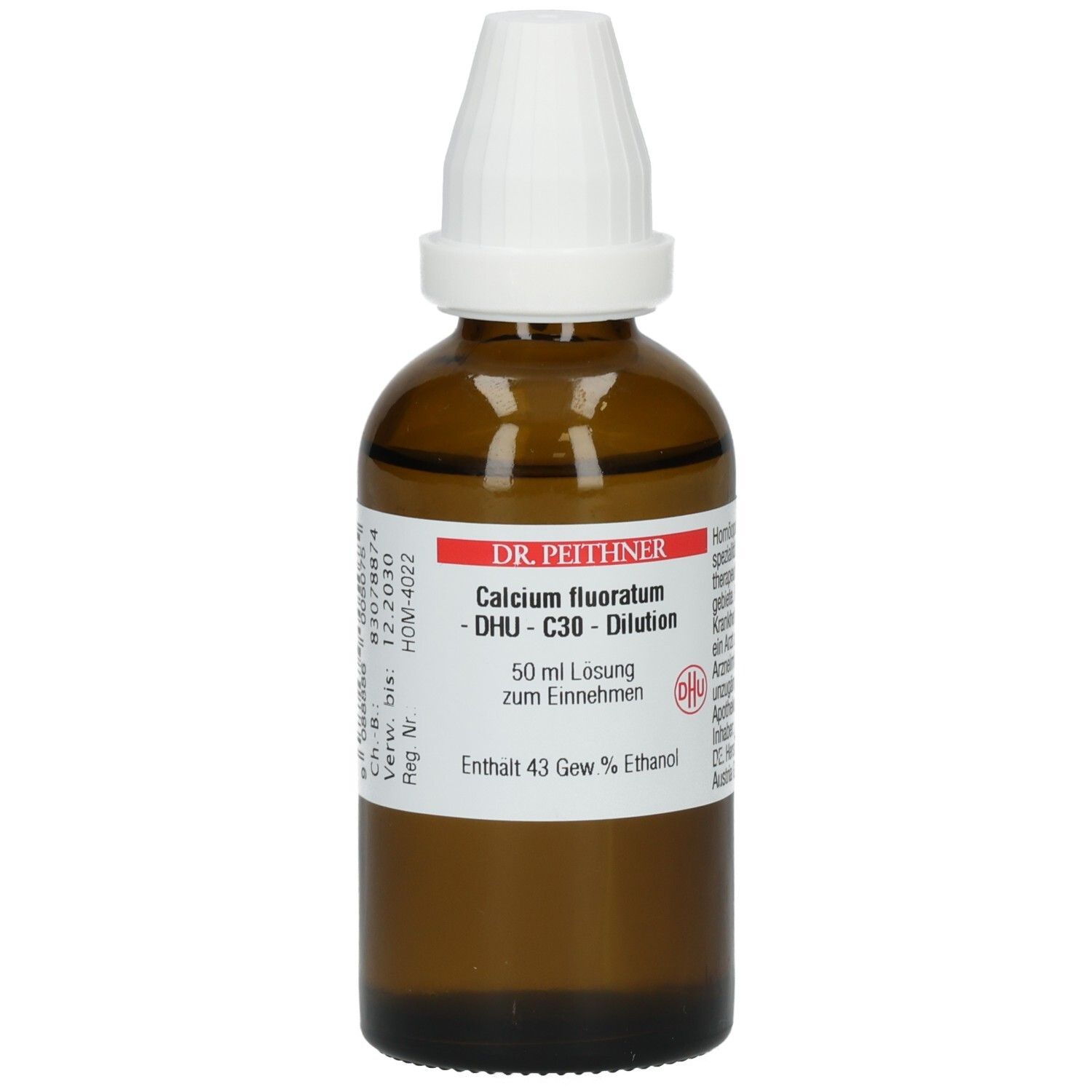 Braune Glasflasche mit weißem Verschluss. Aufschrift: Calcium fluoratum - DHU - C30 - Dilution. 50 ml Lösung.
