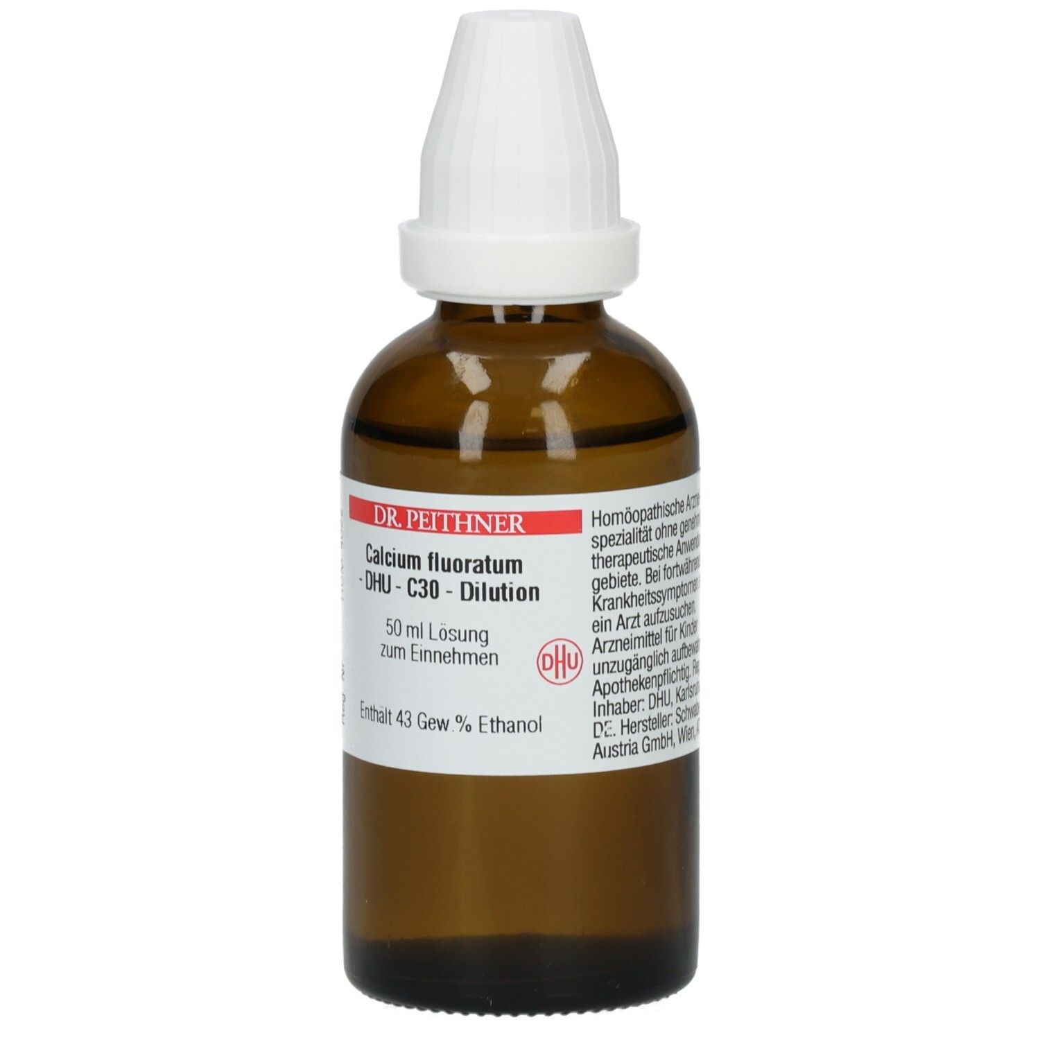 Braune Glasflasche mit weißem Verschluss. Aufschrift: Calcium fluoratum - DHU - C30 - Dilution. 50 ml Lösung.