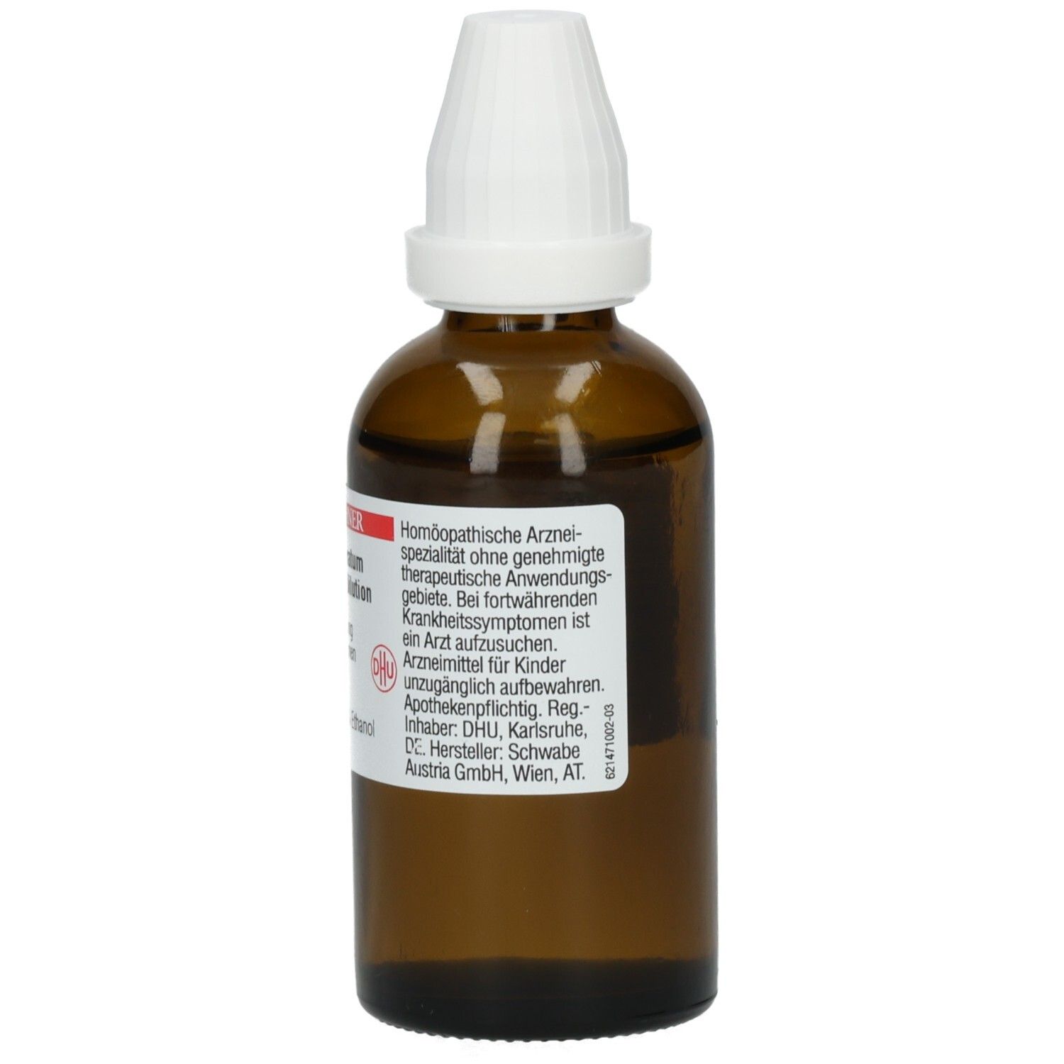 Braune Glasflasche mit weißem Verschluss. Etikett mit Text. Homöopathisches Arzneimittel.