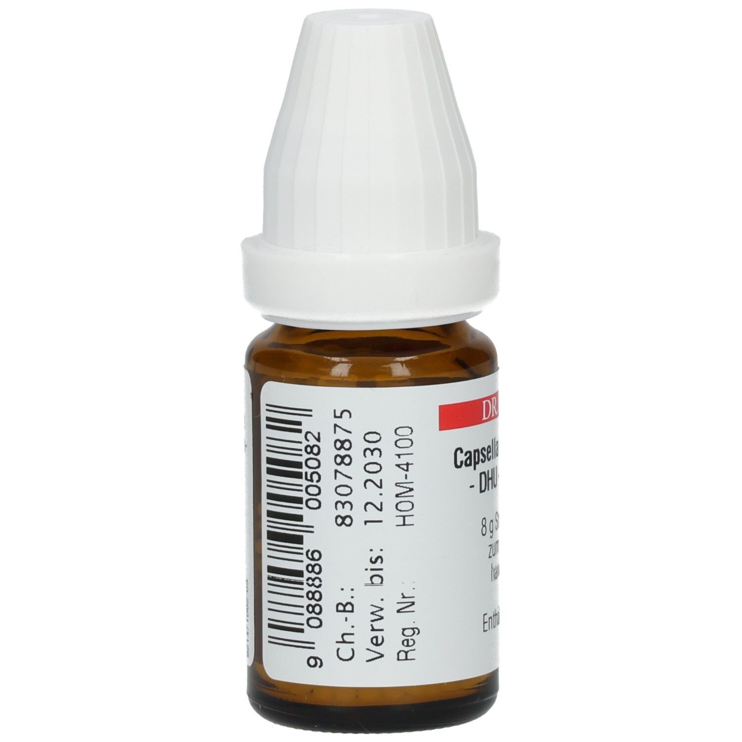 Braune Glasflasche mit weißem Deckel. Etikett mit Barcode und Chargennummer. Produktname: DR. PEITHNER Capsella bursa-pastoris - DHU - C2 - Globuli.