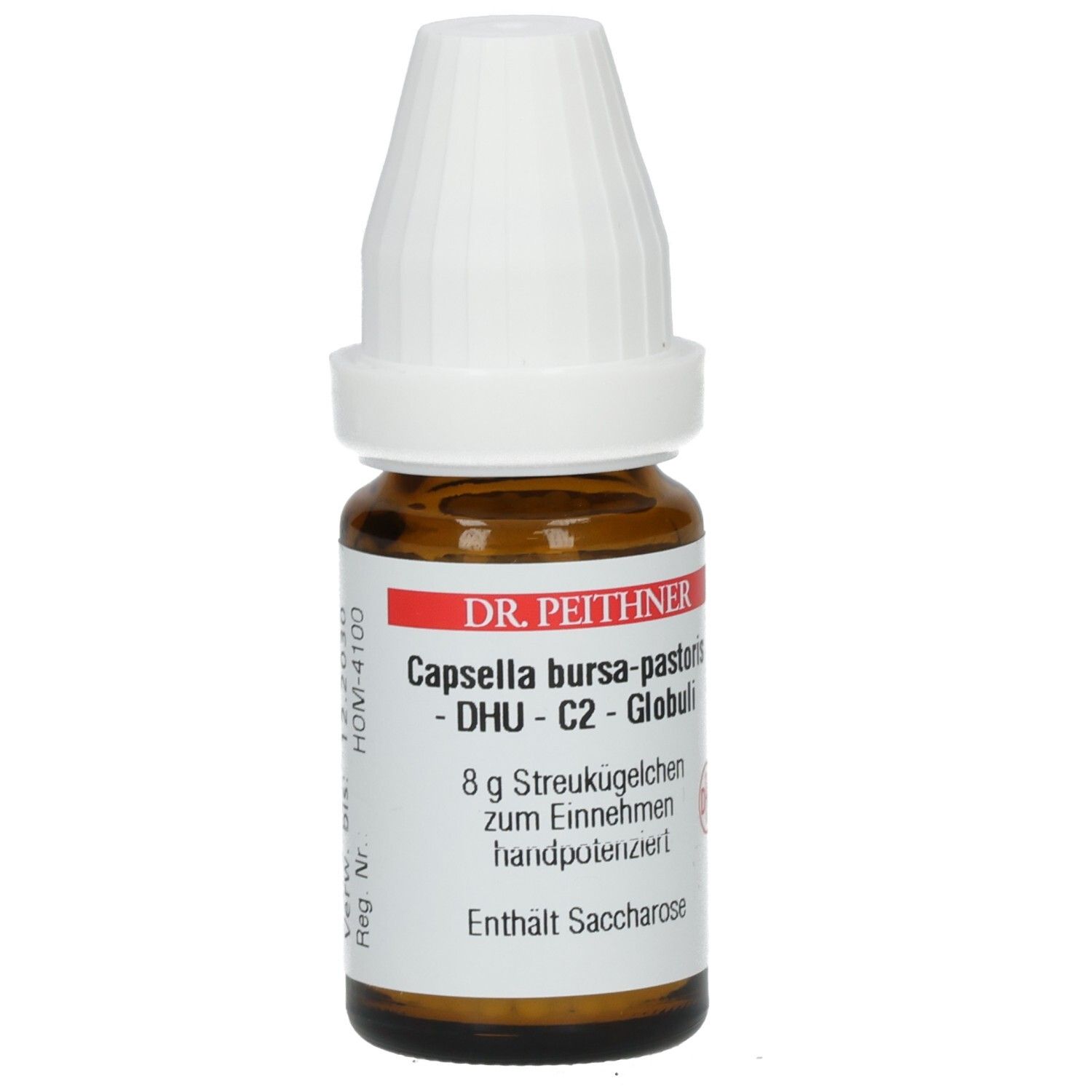 Braune Glasflasche mit weißem Deckel. Etikett mit Produktnamen und Inhaltsangabe: DR. PEITHNER Capsella bursa-pastoris - DHU - C2 - Globuli.
