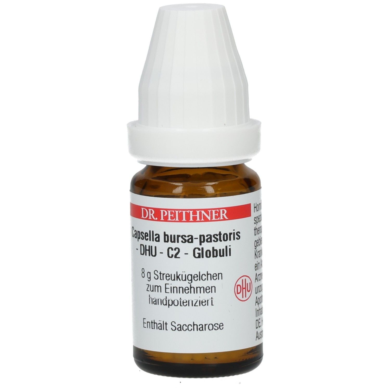 Braune Glasflasche mit weißem Deckel. Etikett mit Produktnamen und DHU-Logo. Produktname: DR. PEITHNER Capsella bursa-pastoris - DHU - C2 - Globuli.