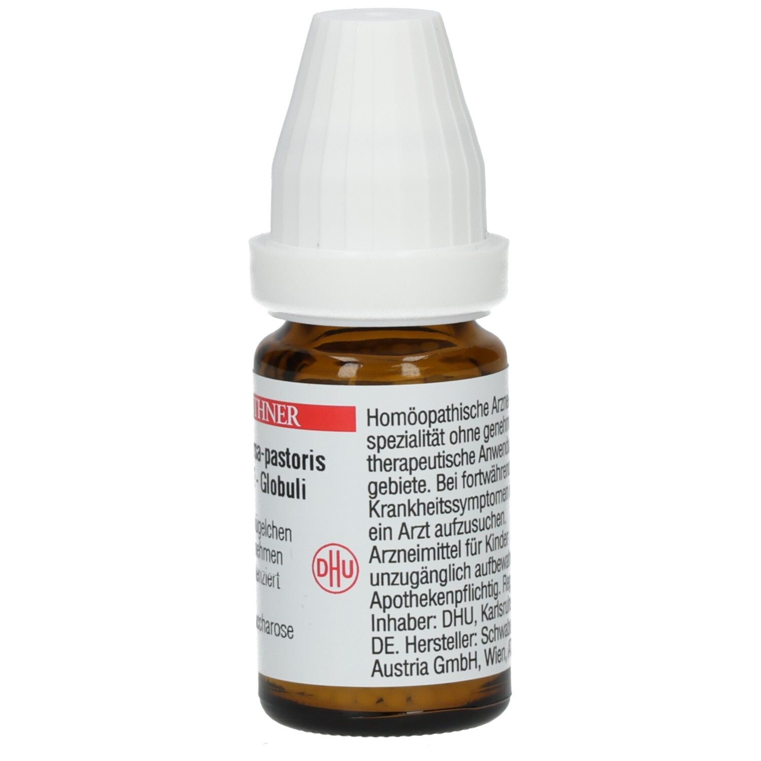 Braune Glasflasche mit weißem Deckel. Etikett mit Produktinformationen und DHU-Logo. Produktname: DR. PEITHNER Capsella bursa-pastoris - DHU - C2 - Globuli.