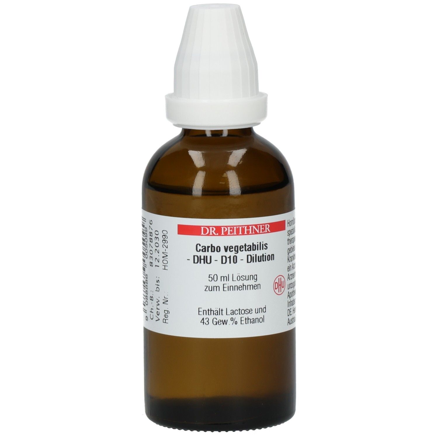Braune Glasflasche mit weißem Verschluss. Beschriftung: DR. PEITHNER, Carbo vegetabilis D10, 50 ml Lösung. Enthält Lactose und Ethanol.