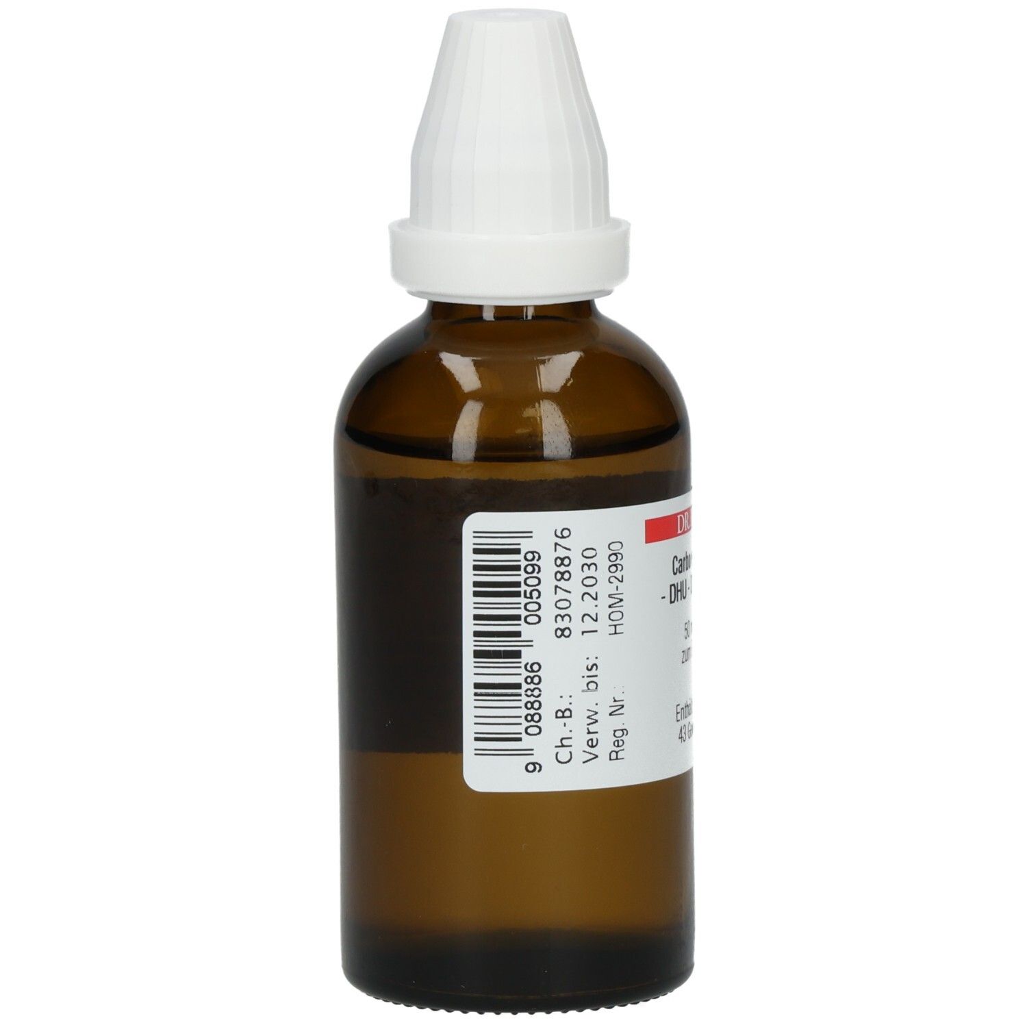 Braune Glasflasche mit weißem Verschluss. Etikett mit Barcode und Text. Verfallsdatum 12.2030. Herstellerinformationen.
