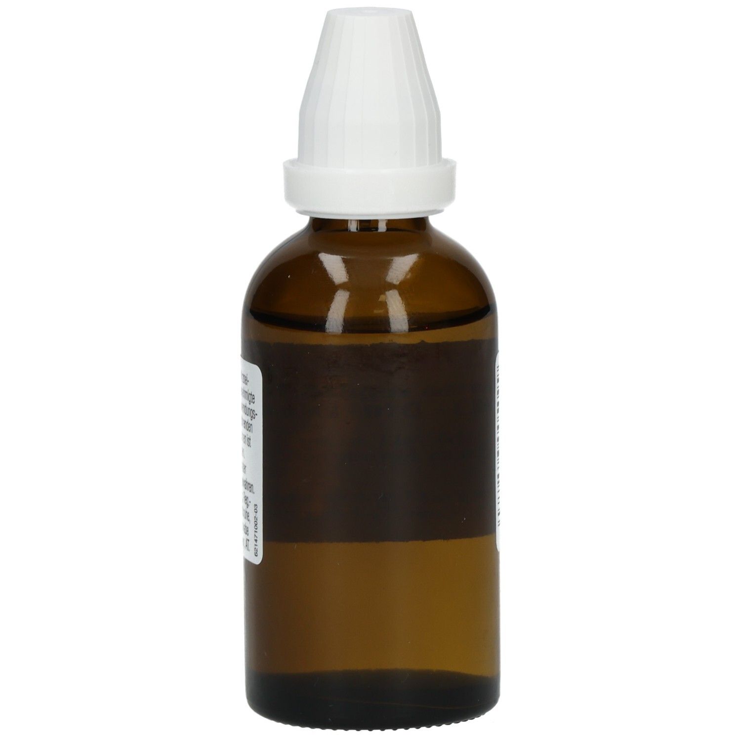 Braune Glasflasche mit weißem Verschluss. Etikett mit Text. Herstellerinformationen.