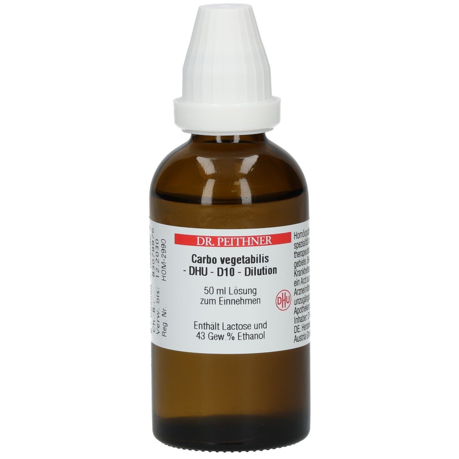 Braune Glasflasche mit weißem Verschluss. Beschriftung: DR. PEITHNER, Carbo vegetabilis D10, 50 ml Lösung. Enthält Lactose und Ethanol.