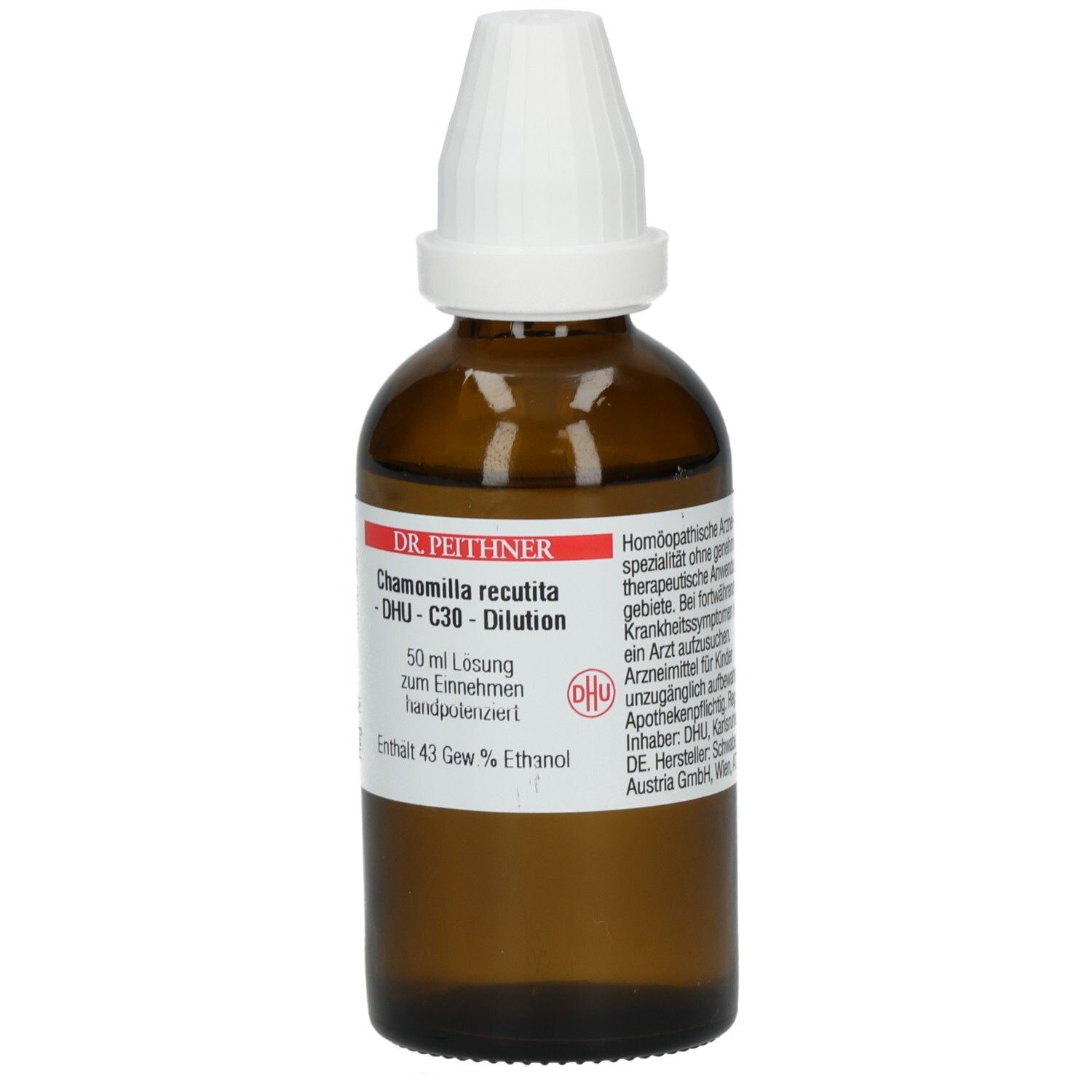 Braune Glasflasche mit weißem Verschluss. Beschriftung: Chamomilla recutita - C30 - Dilution. Etikett mit Produktinformationen.