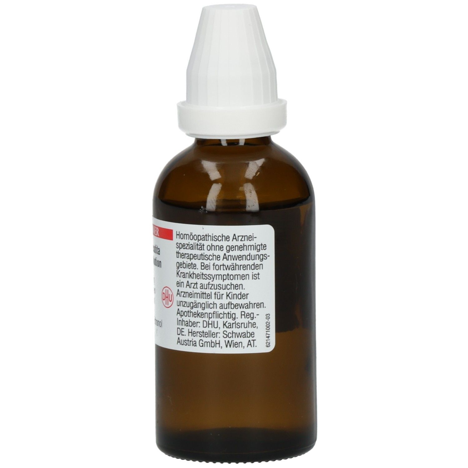 Braune Glasflasche mit weißem Verschluss. Etikett mit Produktinformationen und Herstellerangaben. Homöopathisches Arzneimittel.