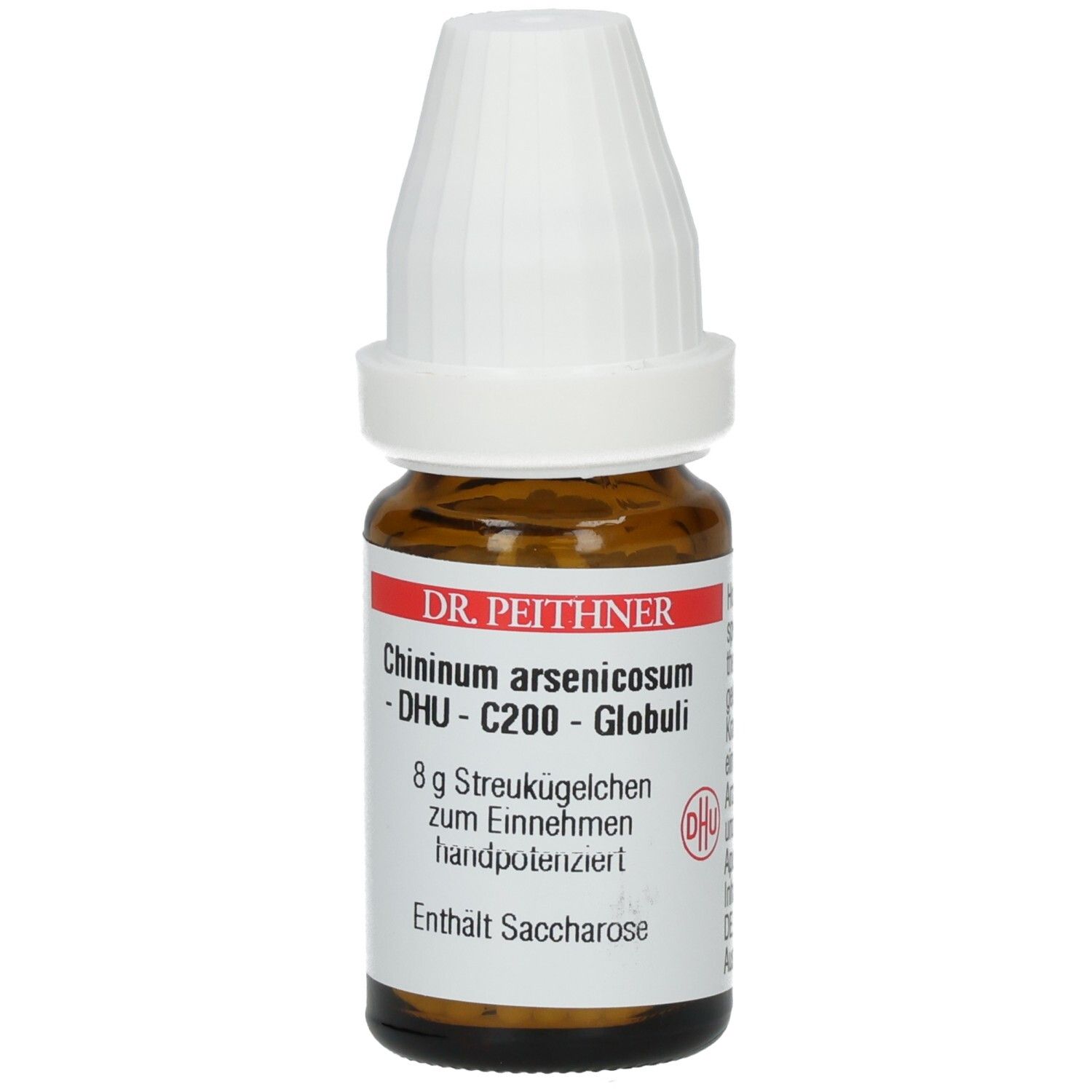 Braune Glasflasche mit weißem Verschluss. Etikett mit Produktnamen und DHU-Logo. Enthält Globuli.