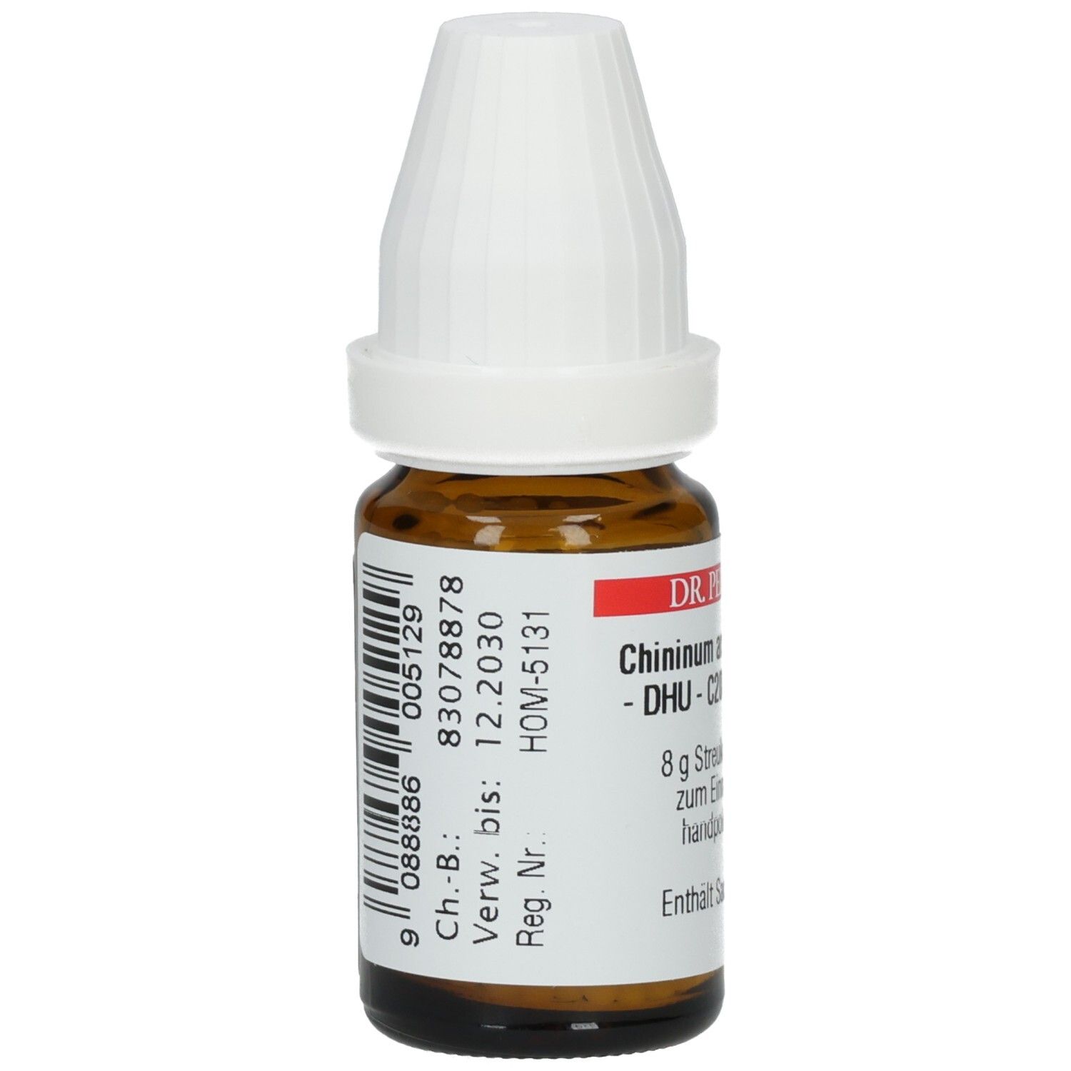 Braune Glasflasche mit weißem Verschluss. Etikett mit Barcode und Chargennummer. Produktname und DHU-Logo.