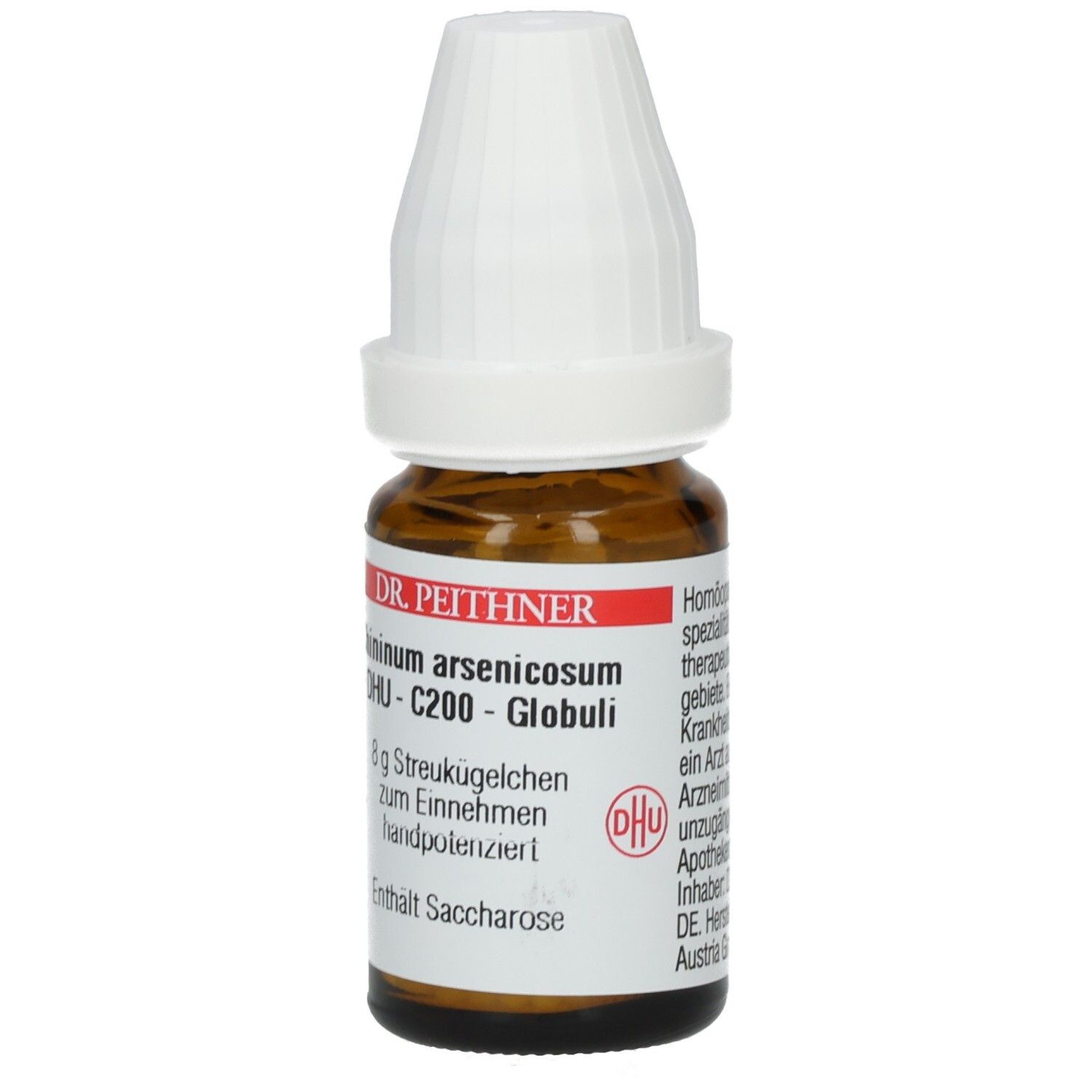 Braune Glasflasche mit weißem Verschluss. Etikett mit Produktnamen und DHU-Logo. Enthält Globuli.