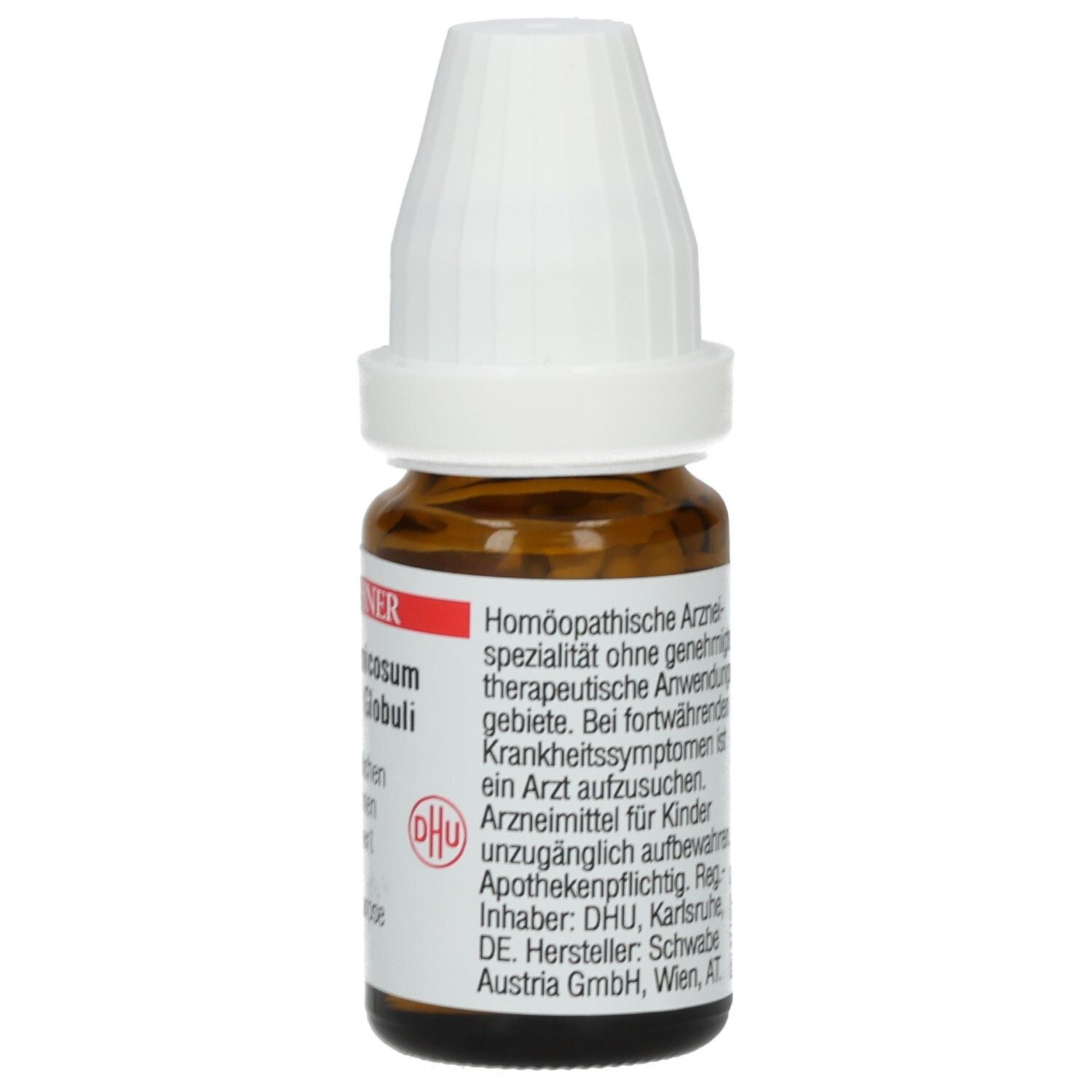 Braune Glasflasche mit weißem Verschluss. Etikett mit Text. Produktname und DHU-Logo. Enthält Globuli.