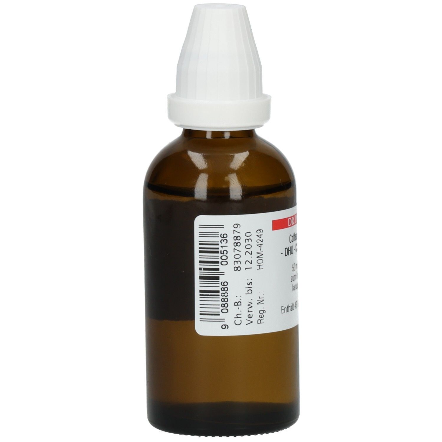 Braune Glasflasche mit weißem Verschluss. Aufkleber mit Barcode und Informationen. Produktname nicht lesbar.