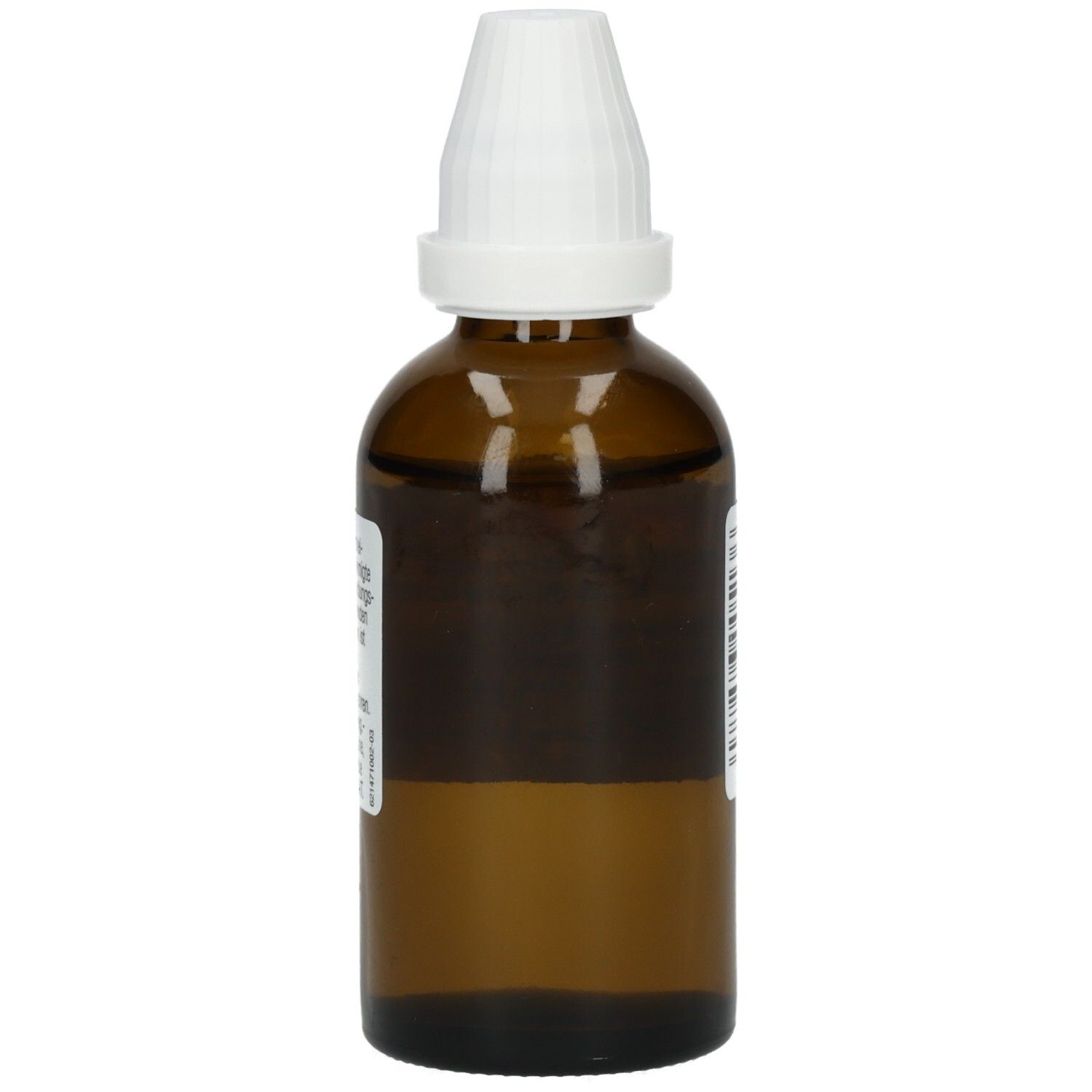 Braune Glasflasche mit weißem Verschluss. Etikett mit Produktinformationen. Produktname nicht lesbar.