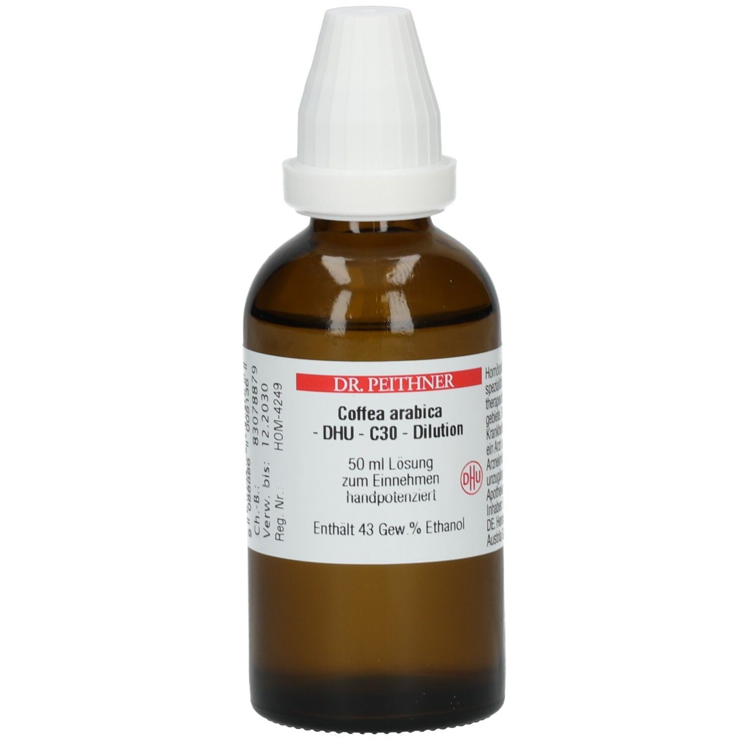 Braune Glasflasche mit weißem Verschluss. Beschriftung: DR. PEITHNER Coffea arabica - DHU - C30 - Dilution. Enthält 43 Gew % Ethanol.