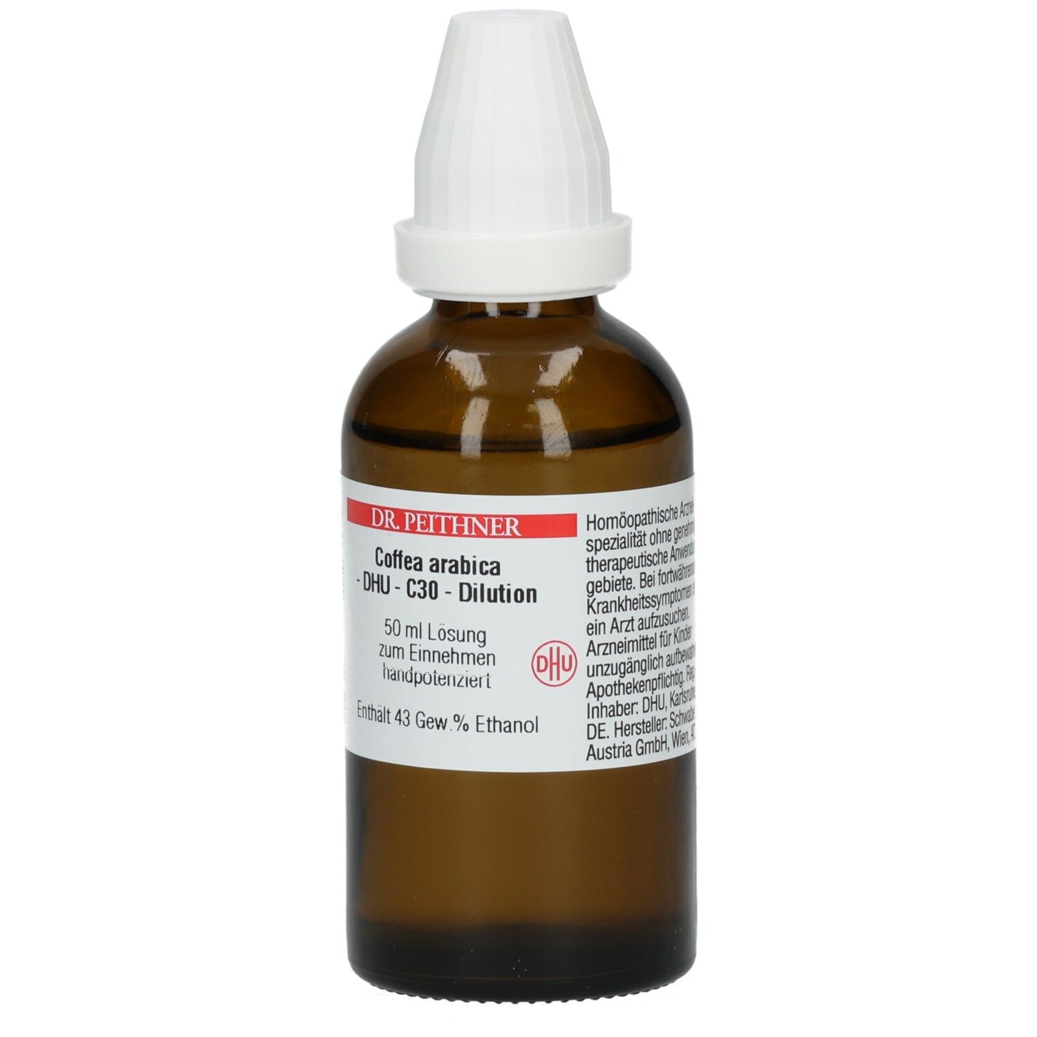 Braune Glasflasche mit weißem Verschluss. Beschriftung: DR. PEITHNER Coffea arabica - DHU - C30 - Dilution. Enthält 43 Gew % Ethanol.